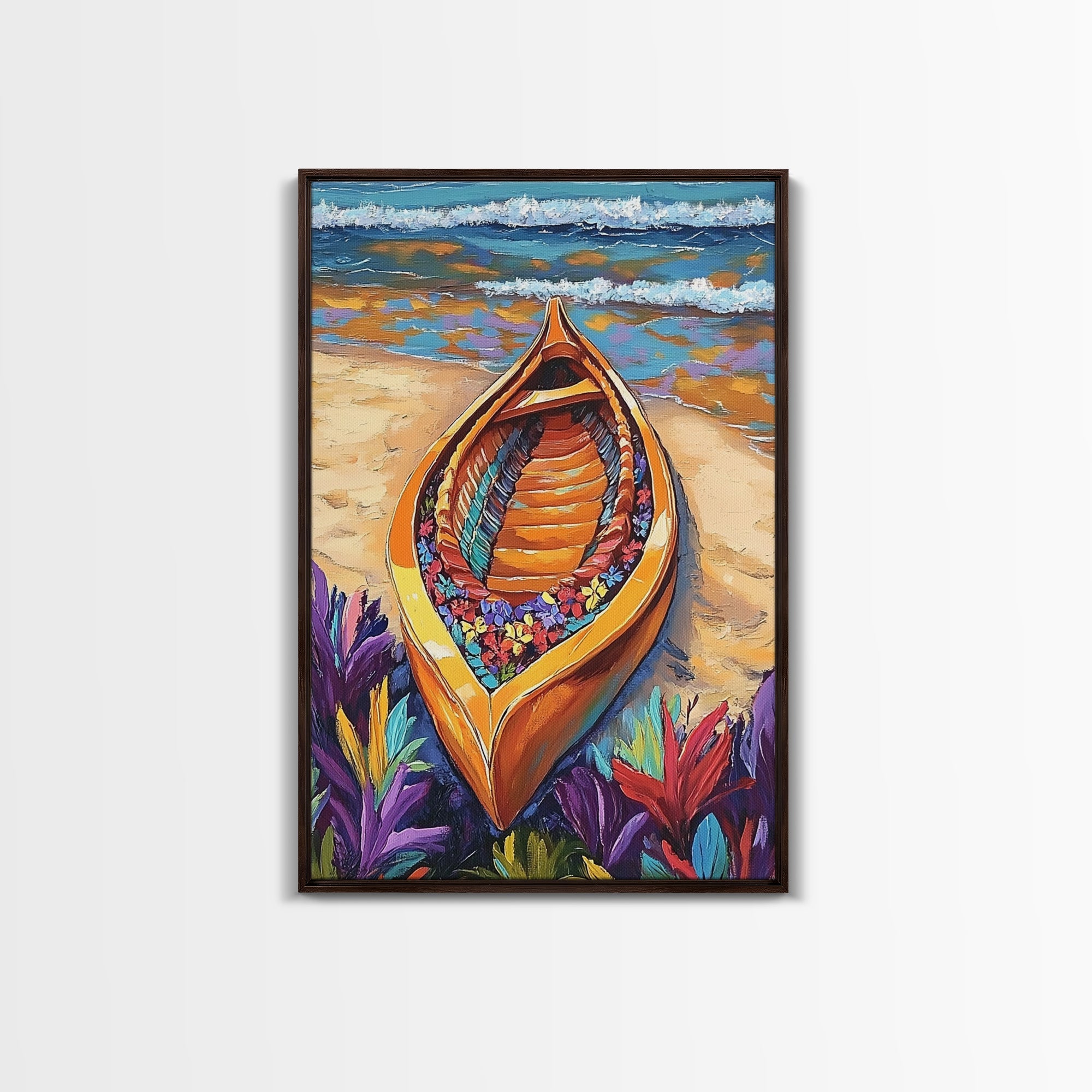 Flower Boat, Beach Magic, Vibrant Seashore, Tropical Joy, Canvas Print, Bathroom Wall Art, Nautical Decor, Bold Beach Colors, Boho Art