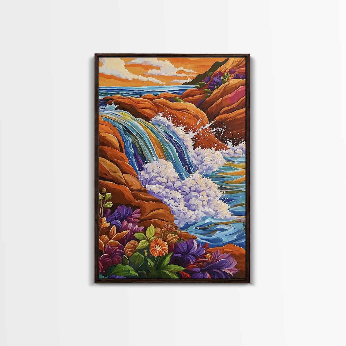 Coastal Waterfall, Ocean Rocks, Tropical Seascape, Sunset Art, Framed Canvas Print bathroom decor, beach lovers gift, colorful nature art | | Wiccan Center