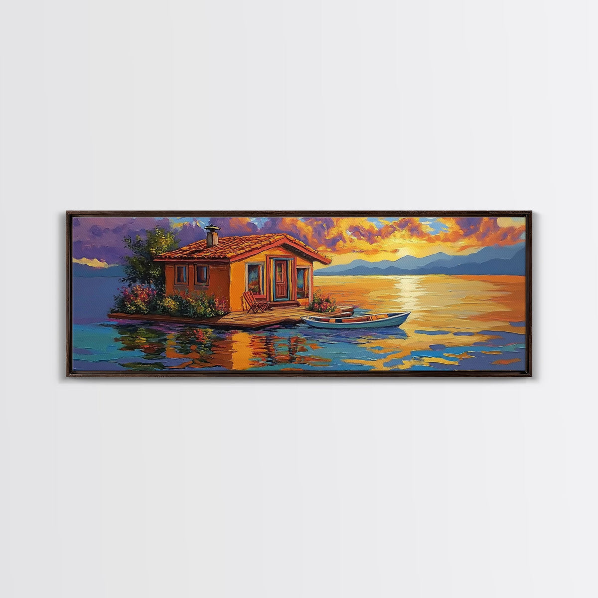 Floating Home, Lake Sunset, Tranquil Retreat, Framed Canvas Print, peaceful wall art, waterfront decor, lakehouse artwork | | Wiccan Center