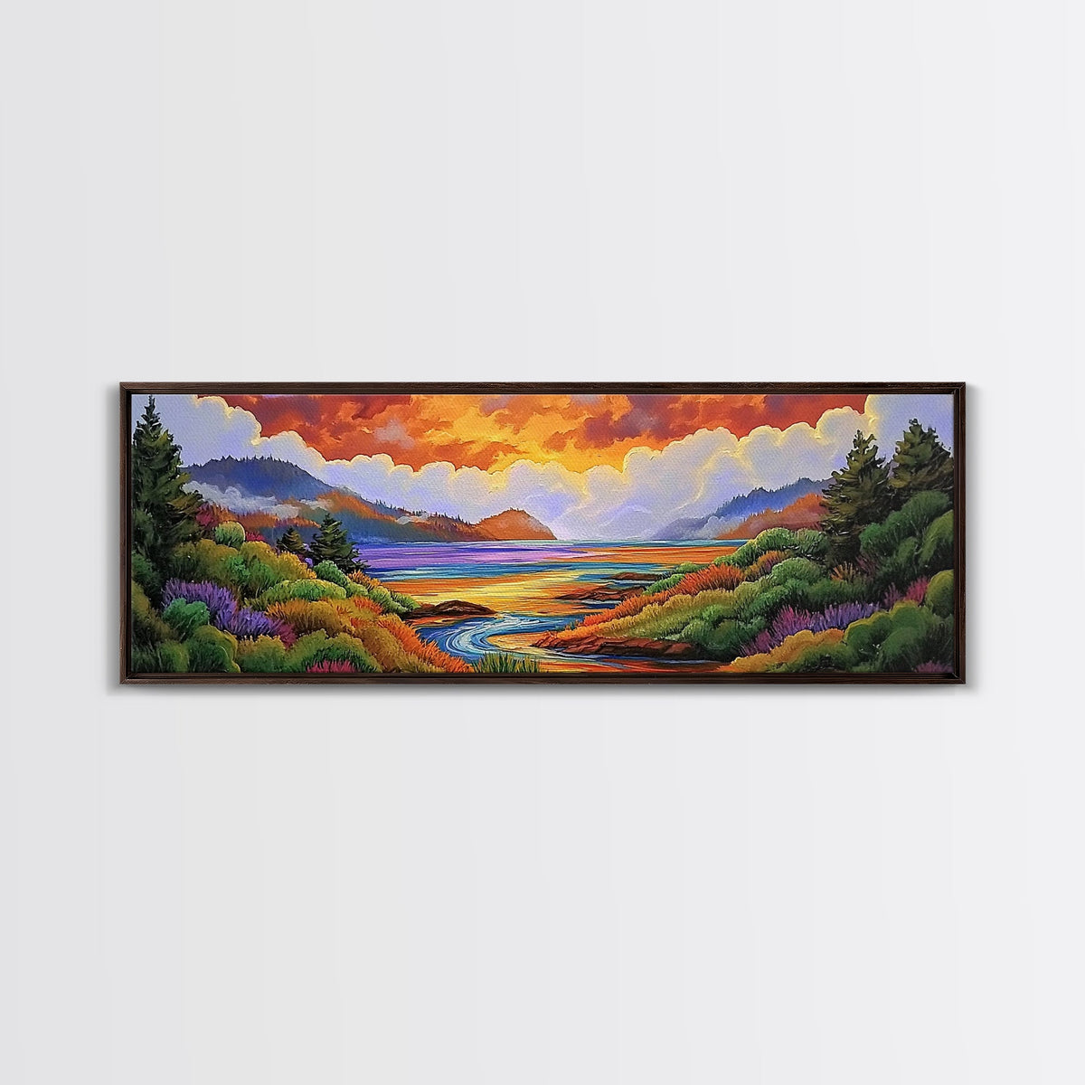 Sunset Lake Scene, Mountain View Art, Tranquil Waterscape Landscape, Framed Canvas Print, Nature Office Decor, Living Room Art | | Wiccan Center