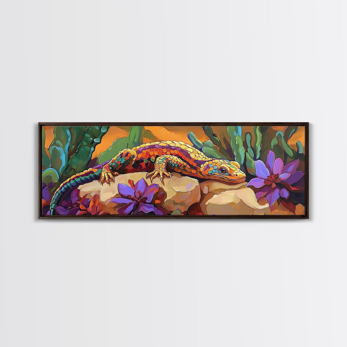 Vibrant Lizard Art, Desert Gecko Painting, Succulent Garden Colors, Framed Canvas Print, Eclectic Kitchen Wall Decor, Animal Art