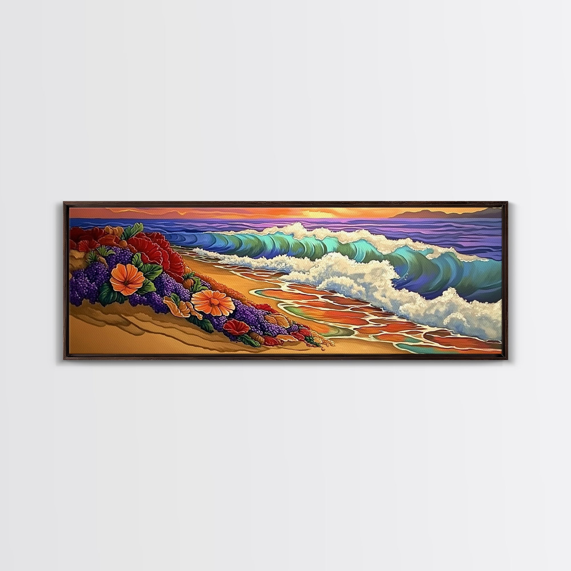Floral Shoreline, Ocean Bloom, Wave Magic, Framed Canvas Print, Coastal Cottage Wall Art, Colorful Beach Art, Boho Seaside Vibes