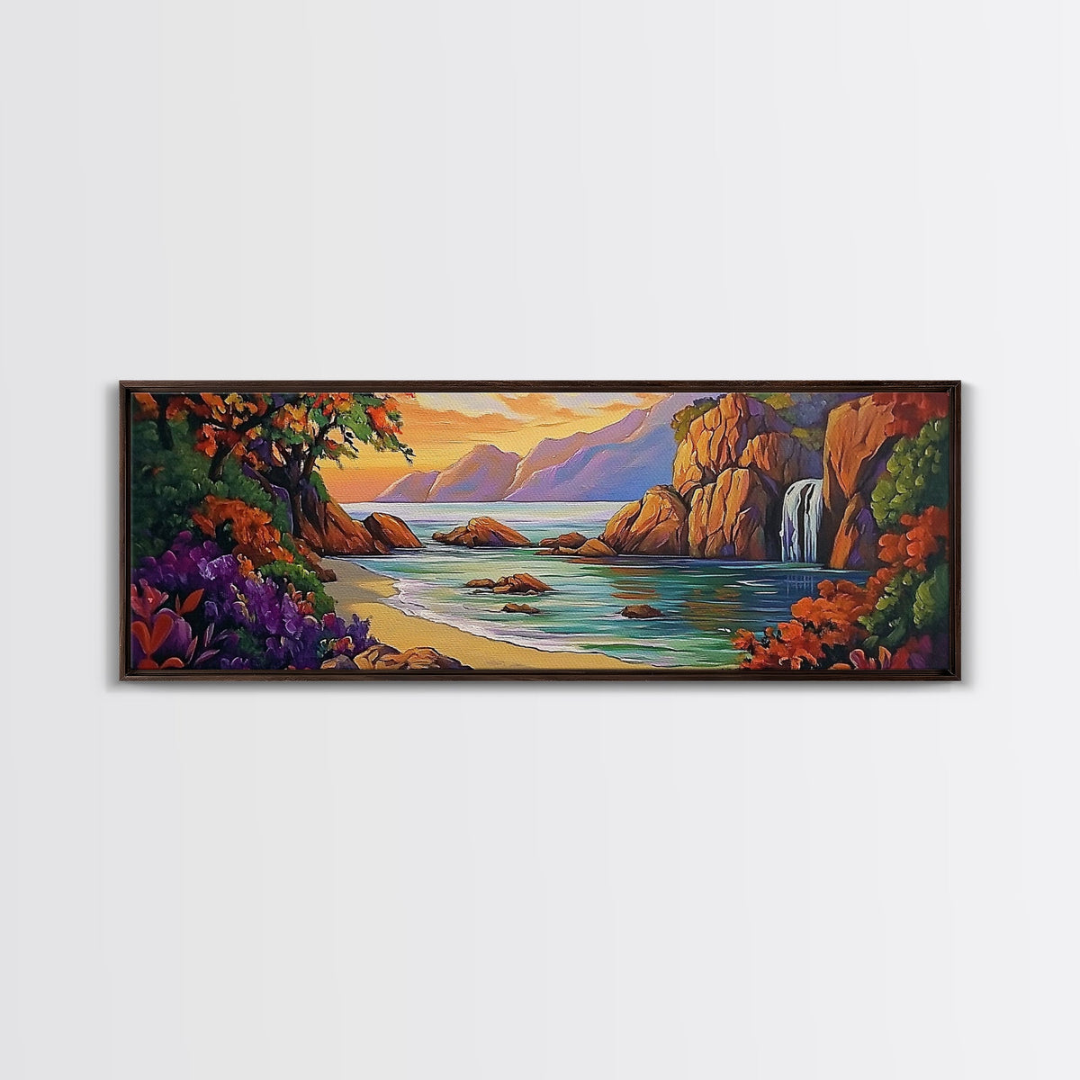 Waterfall Cove, Sunset Seascape, Tropical Paradise, Nature Retreat, Framed Canvas Print, Bathroom Wall Art, Vibrant Coastal Art | | Wiccan Center