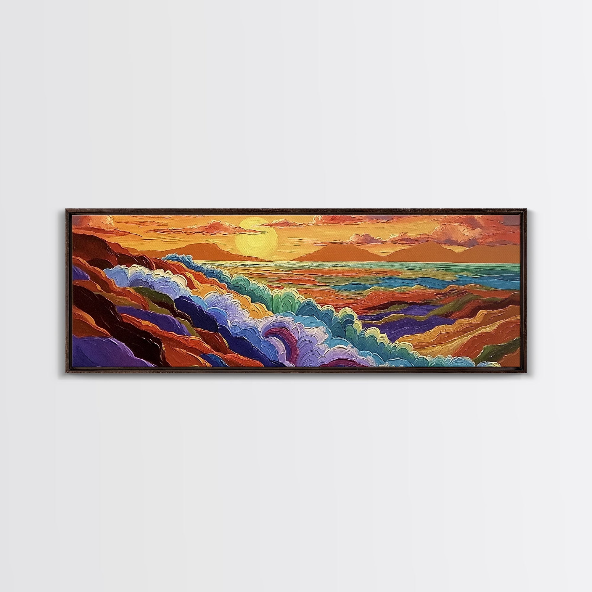 Rainbow Waves, Abstract Seascape, Sunset Magic, Bold Ocean Energy, Framed Canvas Print, Modern Wall Art, Artistic Living Room Decor
