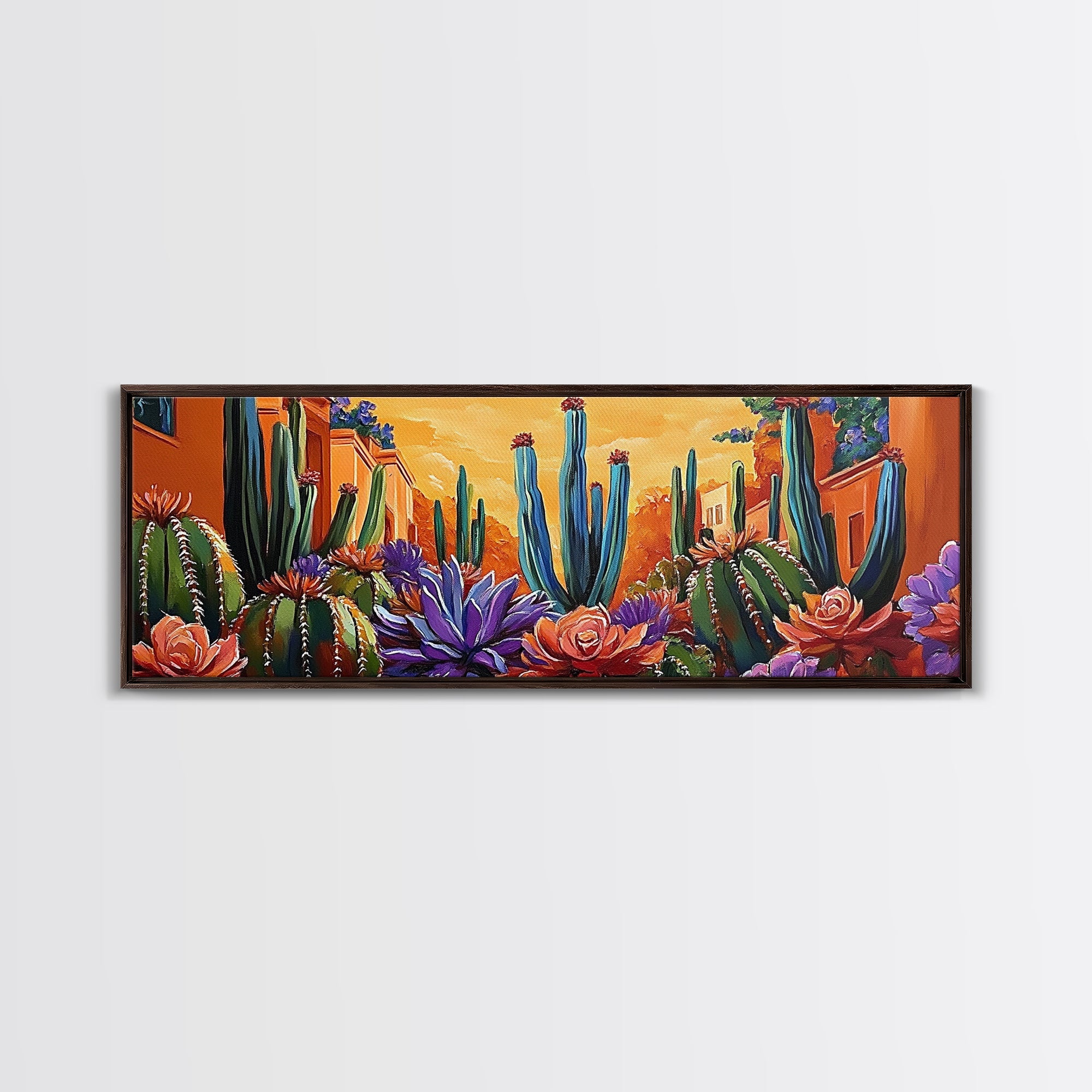 Desert Garden Magic, Colorful Cactus Landscape, Urban Nature Art, Framed Canvas Print, Living Room Southwest Decor, Boho Sunset Wall Art