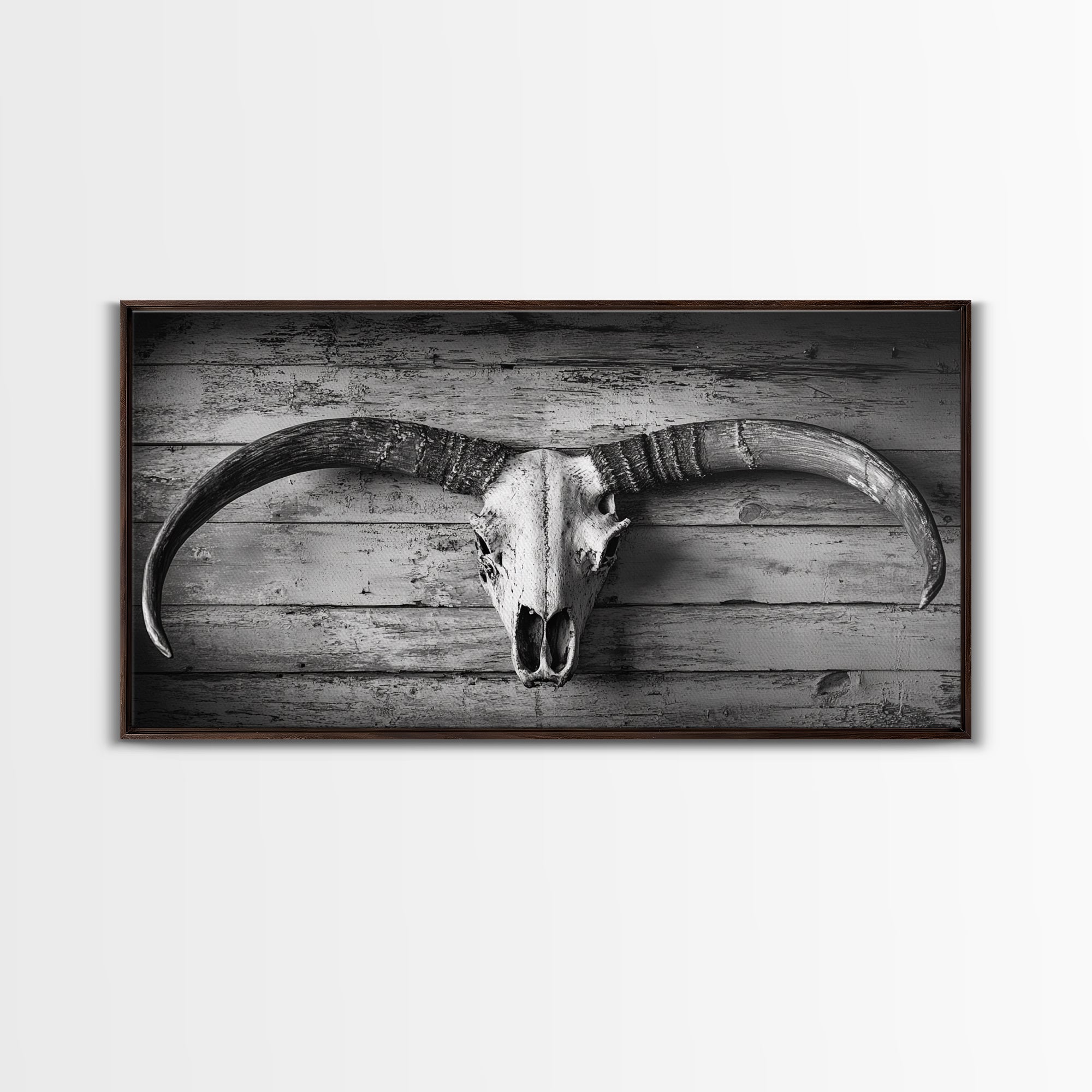 Bull Skull, Rustic Horns, Western Cabin Decor, Weathered Wood, Framed Canvas Print, Farmhouse Wall Art, Cowboy Office Decor, Rustic Wall Art | | Wiccan Center