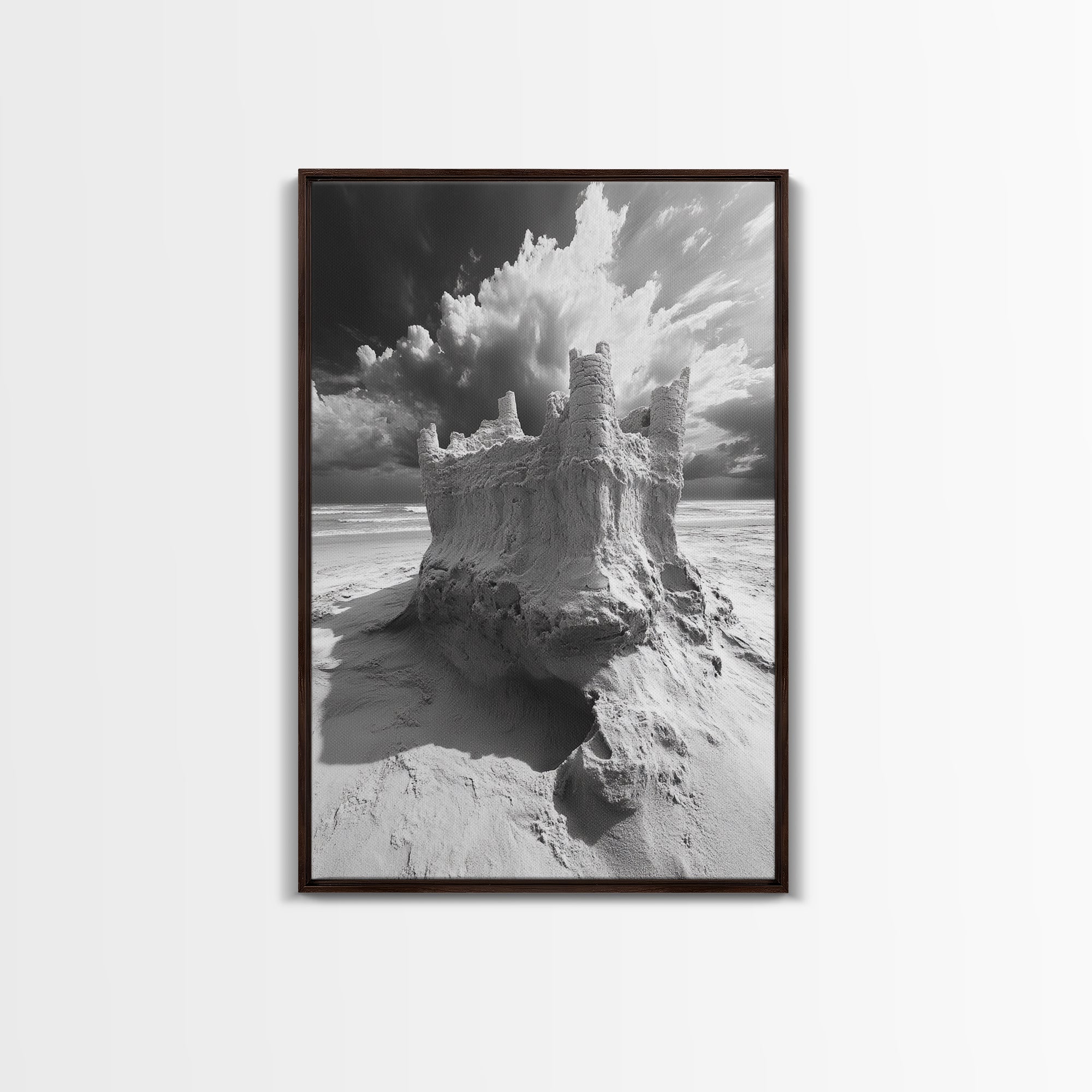 Sand Castle, Beach Fantasy, Dramatic Sky, Coastal Fortress, Framed Canvas Print, whimsical decor, kids room wall art, fairytale beach scene