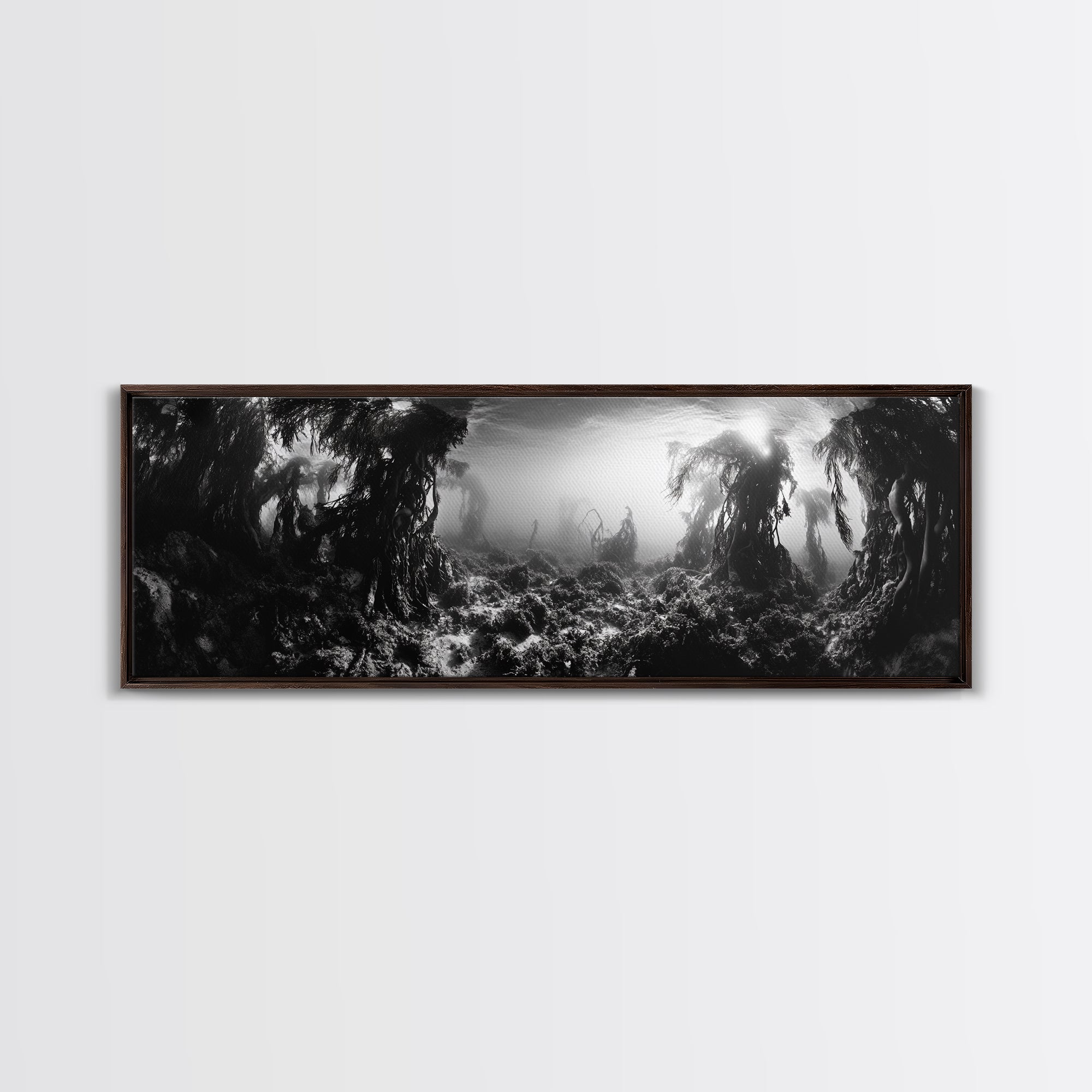 Kelp Forest, Underwater Magic, Ocean Depths, Framed Canvas Print, Marine nature photography, Bathroom wall decor, Moody coastal aesthetic