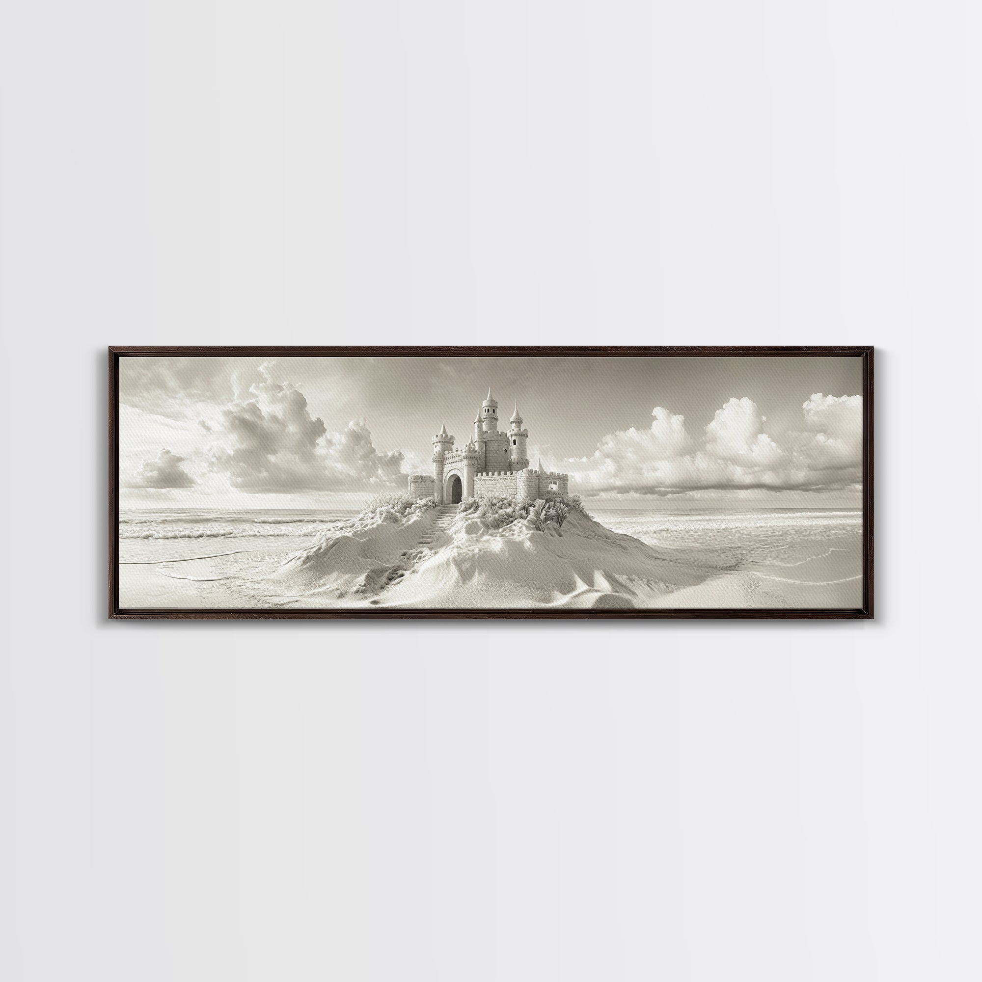 Fantasy Sand Castle, Seaside Kingdom, Dreamy Beach Scene, Magical Vibes, Framed Canvas Print, Kids Room Art, Whimsical Decor, Coastal Theme