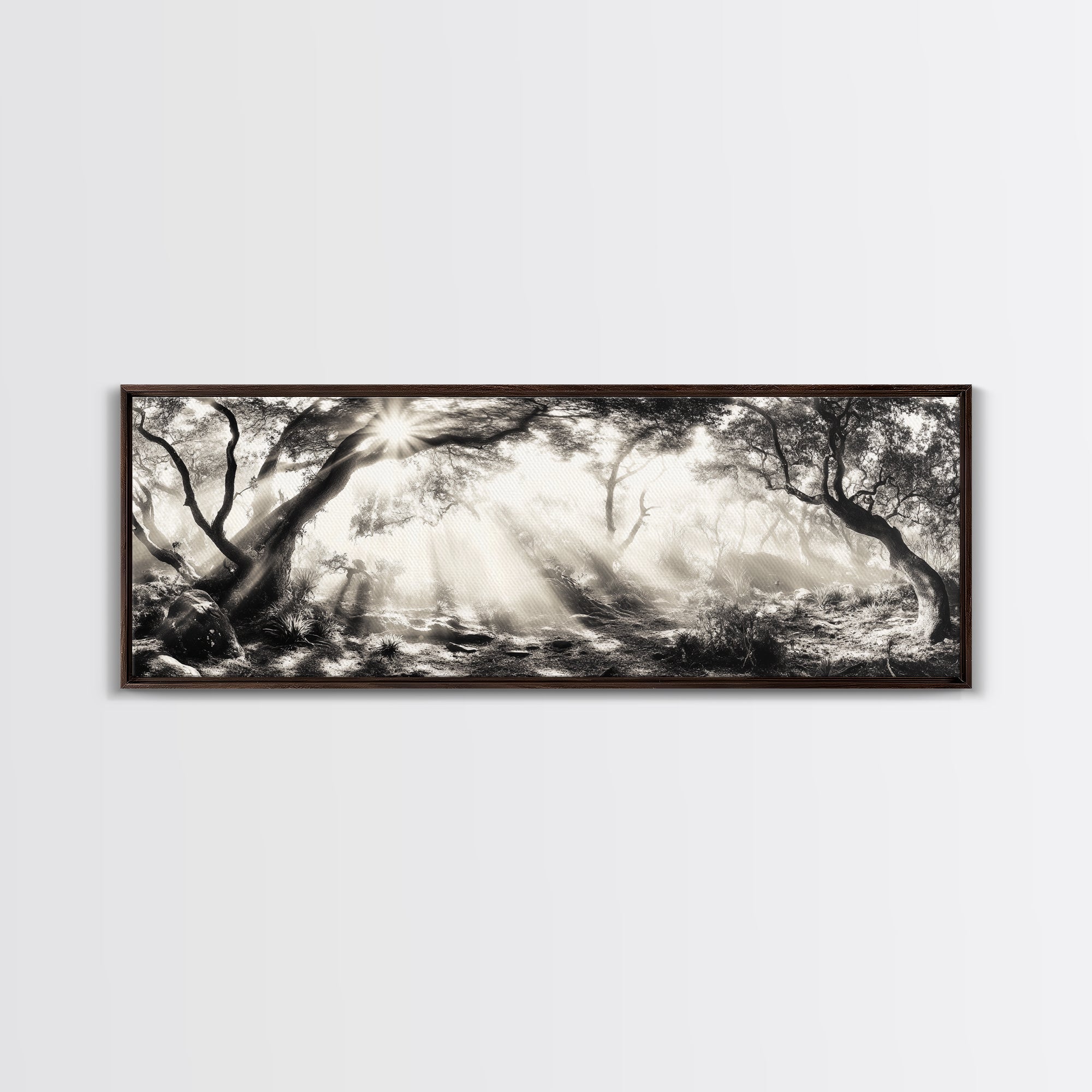 Enchanted Forest, Sunlight Rays, Dreamy Woodland, Framed Canvas Print, boho nature decor, spiritual wall art, bedroom forest scene