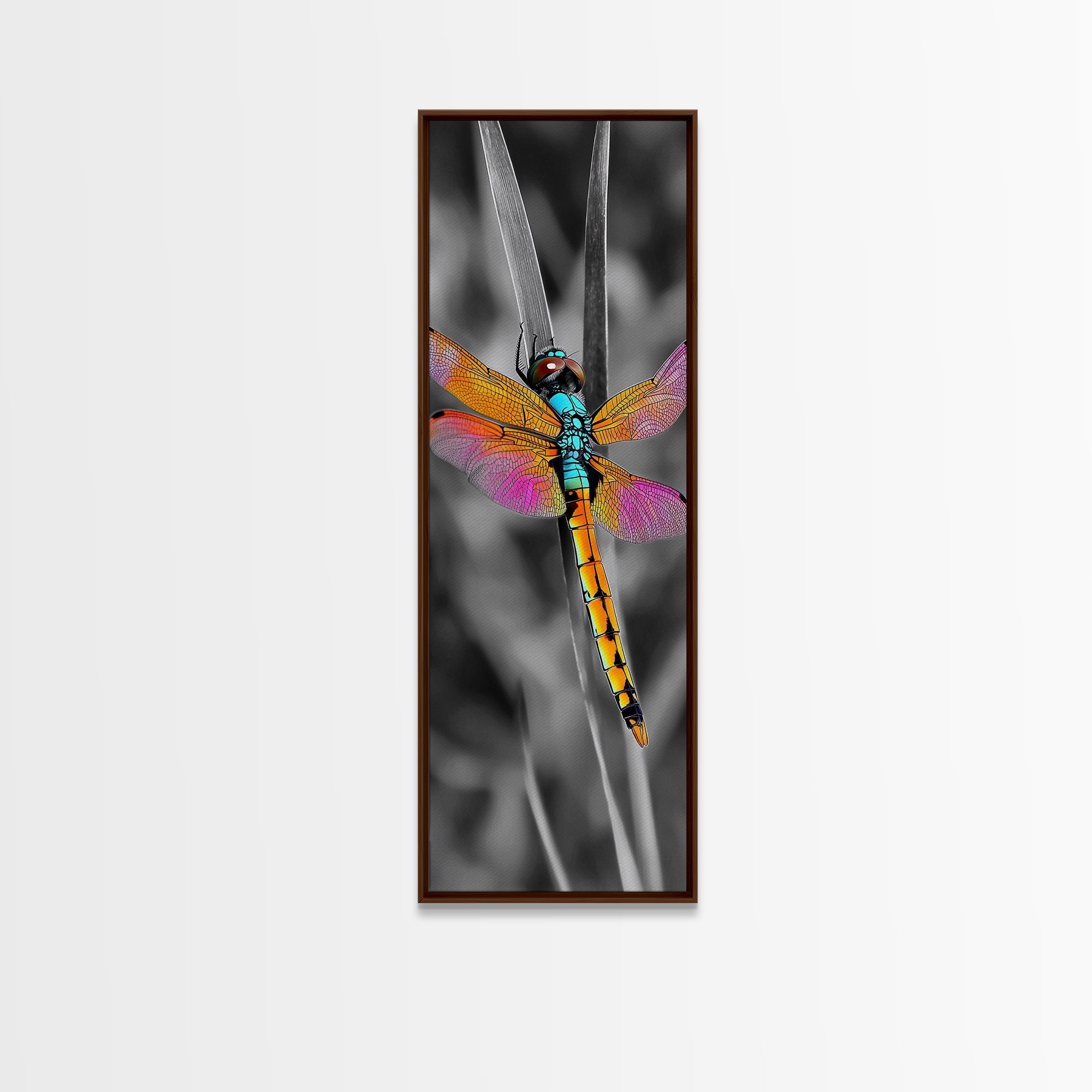 Vibrant Dragonfly, Garden Magic, Wing Detail, Nature Art – Framed Canvas Print, Living Room Wall Art, Botanical Decor, Color Pop Artwork