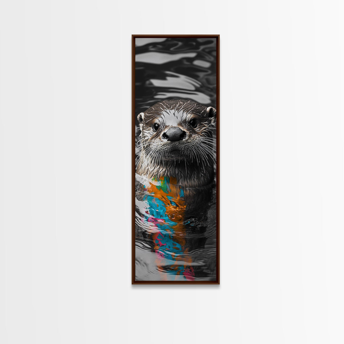 Otter Portrait, Water Reflection, Color Splash, Framed Canvas Print, Bathroom Wall Art, Modern Nature Decor, Animal Lover Gift