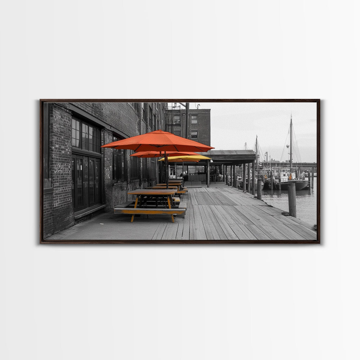Urban Pier, Red Yellow Umbrellas, Waterfront Dining, Framed Canvas Print, Industrial Decor, Cafe Kitchen Wall Art, Cityscape Photography | | Wiccan Center