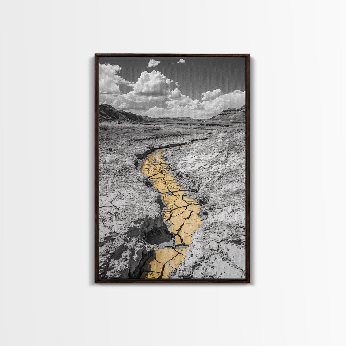 Desert Riverbed, Yellow Crack Trail, Dry Earth Path, Framed Canvas Print, Southwestern Wall Art, Minimalist Nature Decor, Earth Tone Style | | Wiccan Center