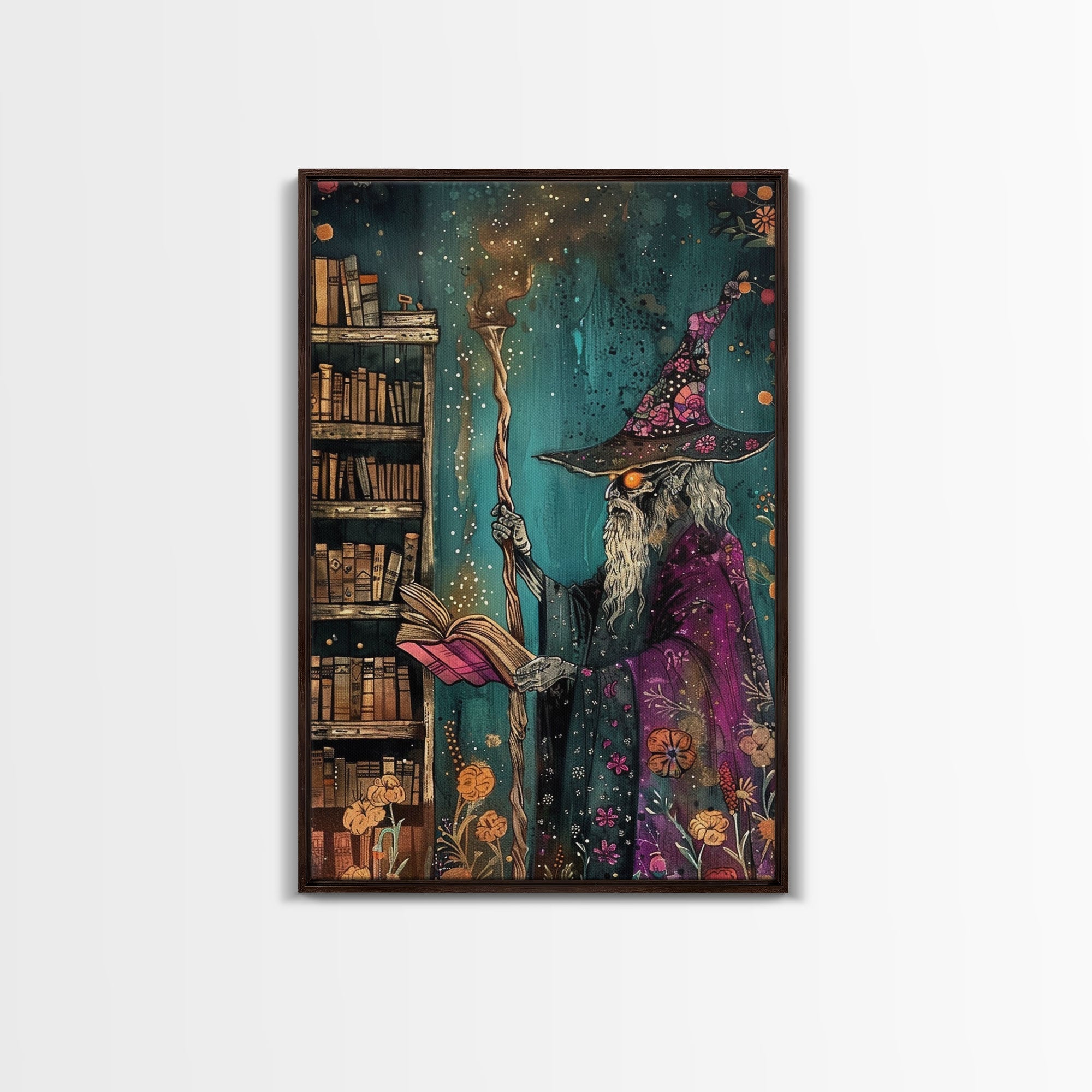 Halloween Eerie Wizard in Haunted Library Framed Canvas Print, Gothic Wall Art, Home Decor, Witchcraft Decor, Gift Idea, Enchanted Study | | Wiccan Center