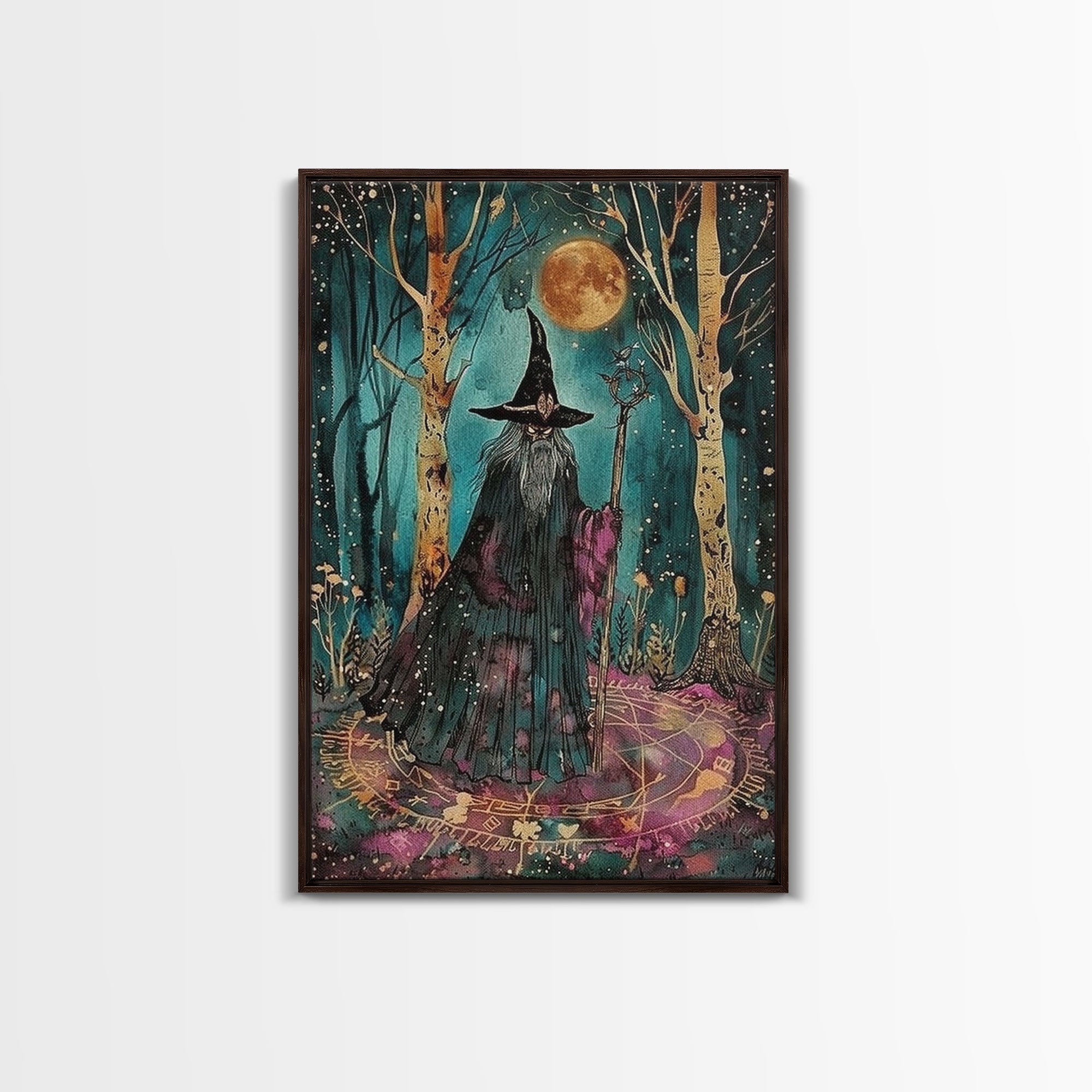Halloween Wizard in Forest, Framed Canvas Print, Wall Art, Home Decor, Spooky Artwork, Magic Decor, Halloween Decor Painting, Holiday Decor | | Wiccan Center