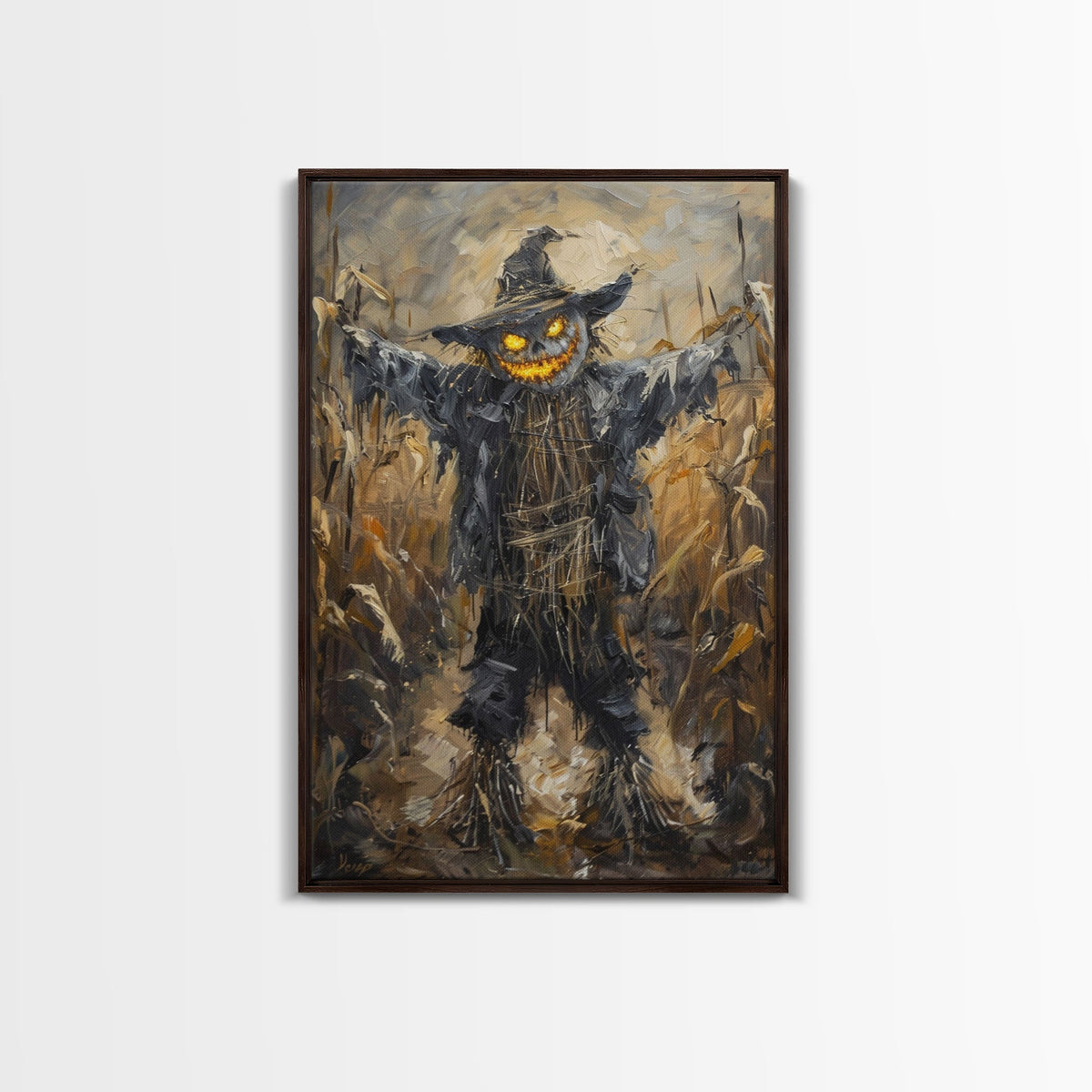 Sinister Scarecrow in Cornfield Framed Canvas Print | Halloween Horror Art | Spooky Farm Art | Creepy Scarecrow Art for Home Decoration | | Wiccan Center