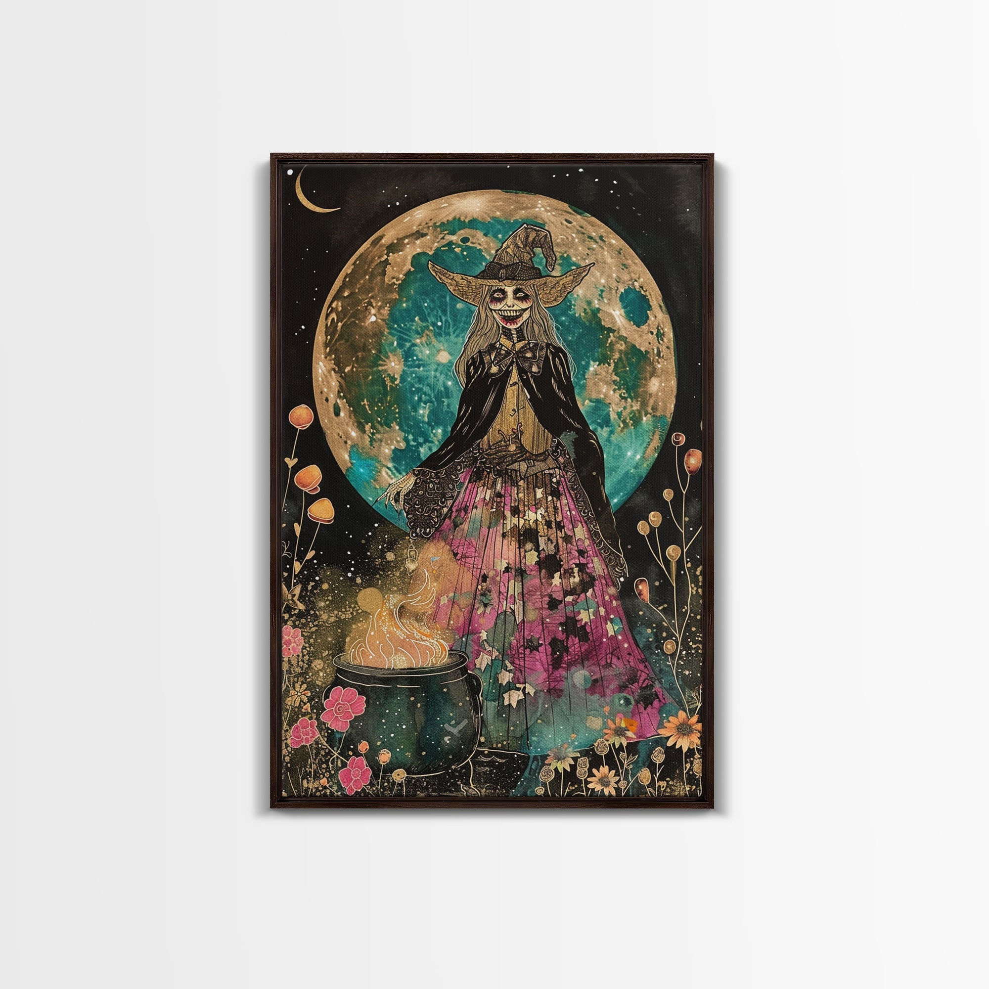 Spooky Witch with Cauldron Under Full Moon Framed Canvas Print | Halloween Witch Art | Witch Decor for Home | Magical Halloween Artwork | | Wiccan Center