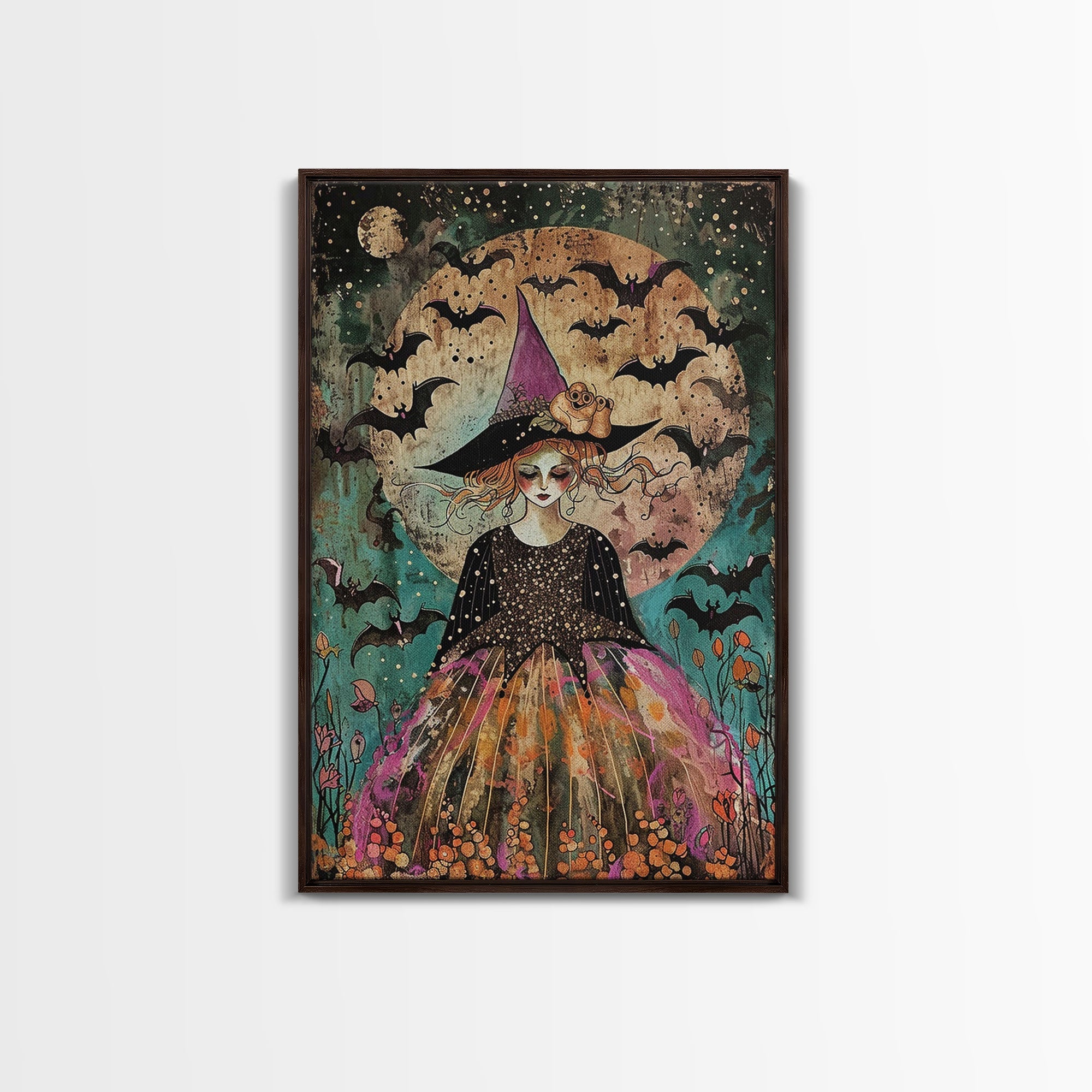 Whimsical Witch with Bats Under Full Moon, Framed Canvas Print, Spooky Halloween Art, Witch Decor, Magical Night, Enchanted Home Decor | | Wiccan Center