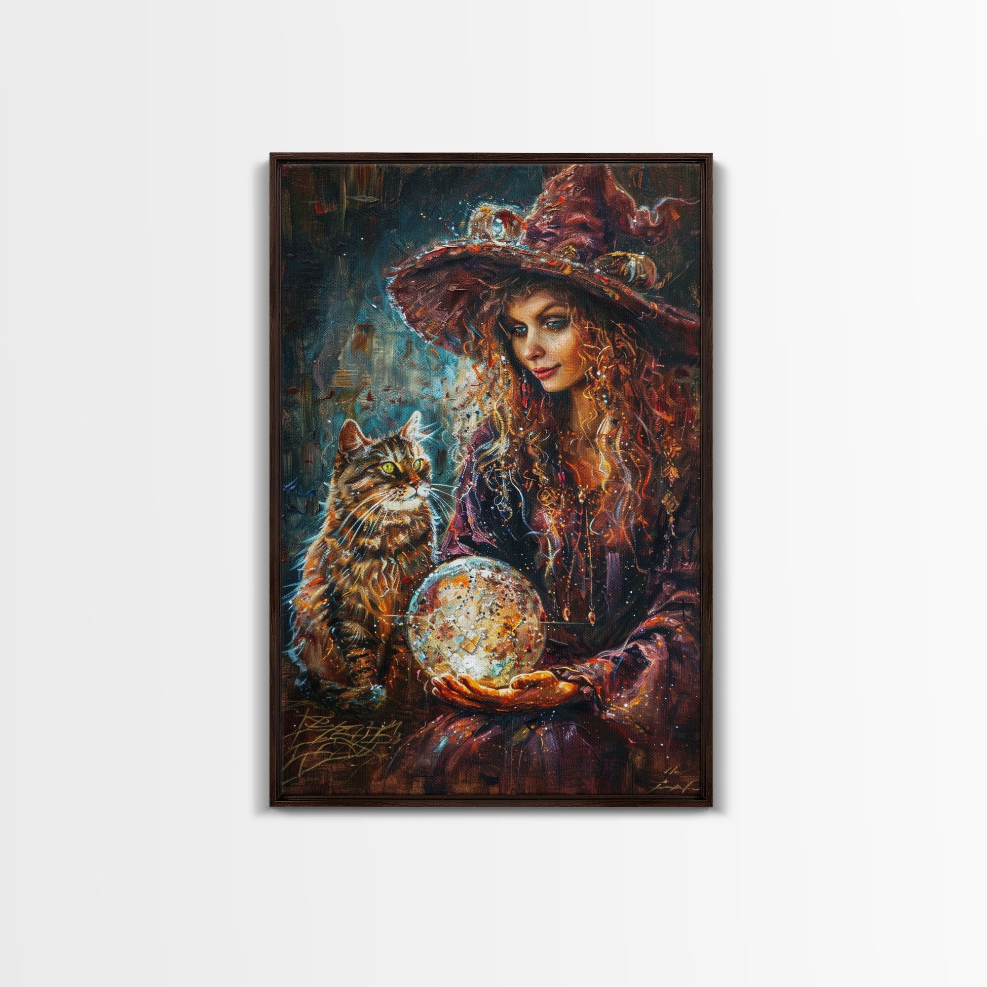 Enchanting Witch with Crystal Ball, Framed Canvas Print, Mystical Halloween Art, Spooky Witch Decor, Witchcraft Illustration, Magical Decor | | Wiccan Center