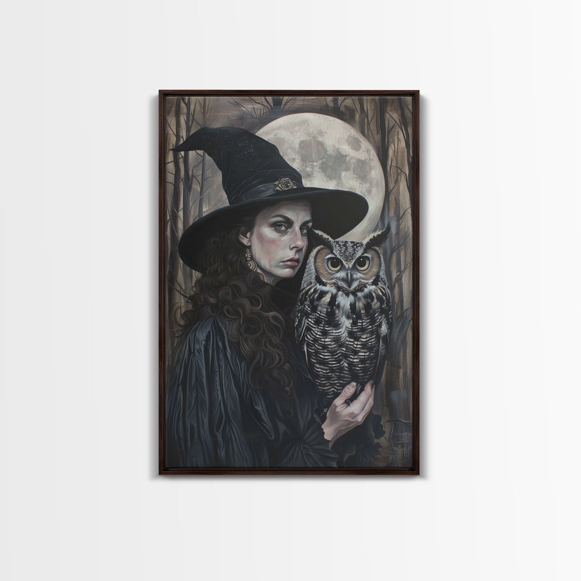 Witch with Wise Owl Under Full Moon, Framed Canvas Print, Mystical Witchcraft Art, Witch and Owl, Spooky Home Decor, Halloween Wall Art | | Wiccan Center