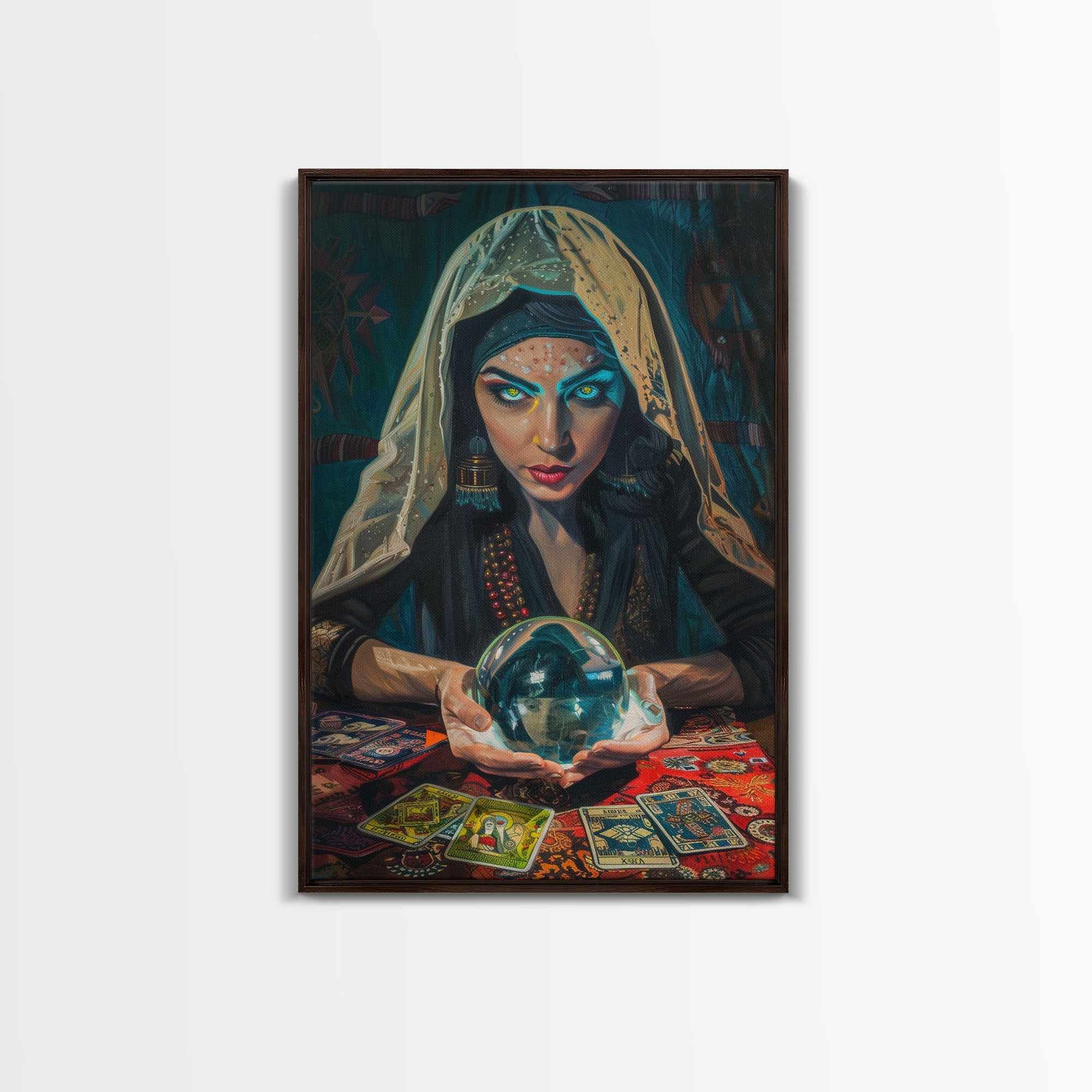 Enchanting Fortune Teller with Crystal Ball Under Moonlight - Mystical Witchcraft Framed Canvas Print, Halloween Gothic Home Decor | | Wiccan Center