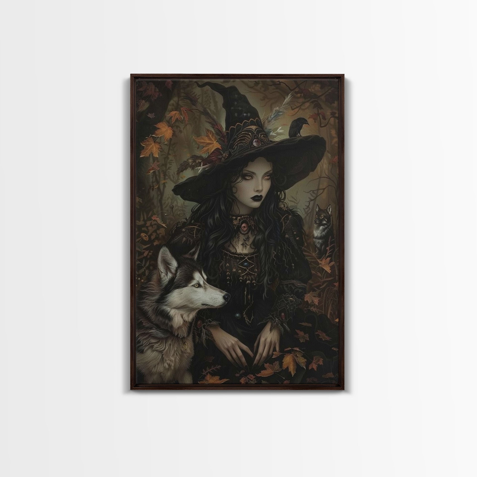 Witch with Wolves in Enchanted Forest - Dark Sorcery Mystical Art Framed Canvas Print, Halloween Gothic Decor | | Wiccan Center