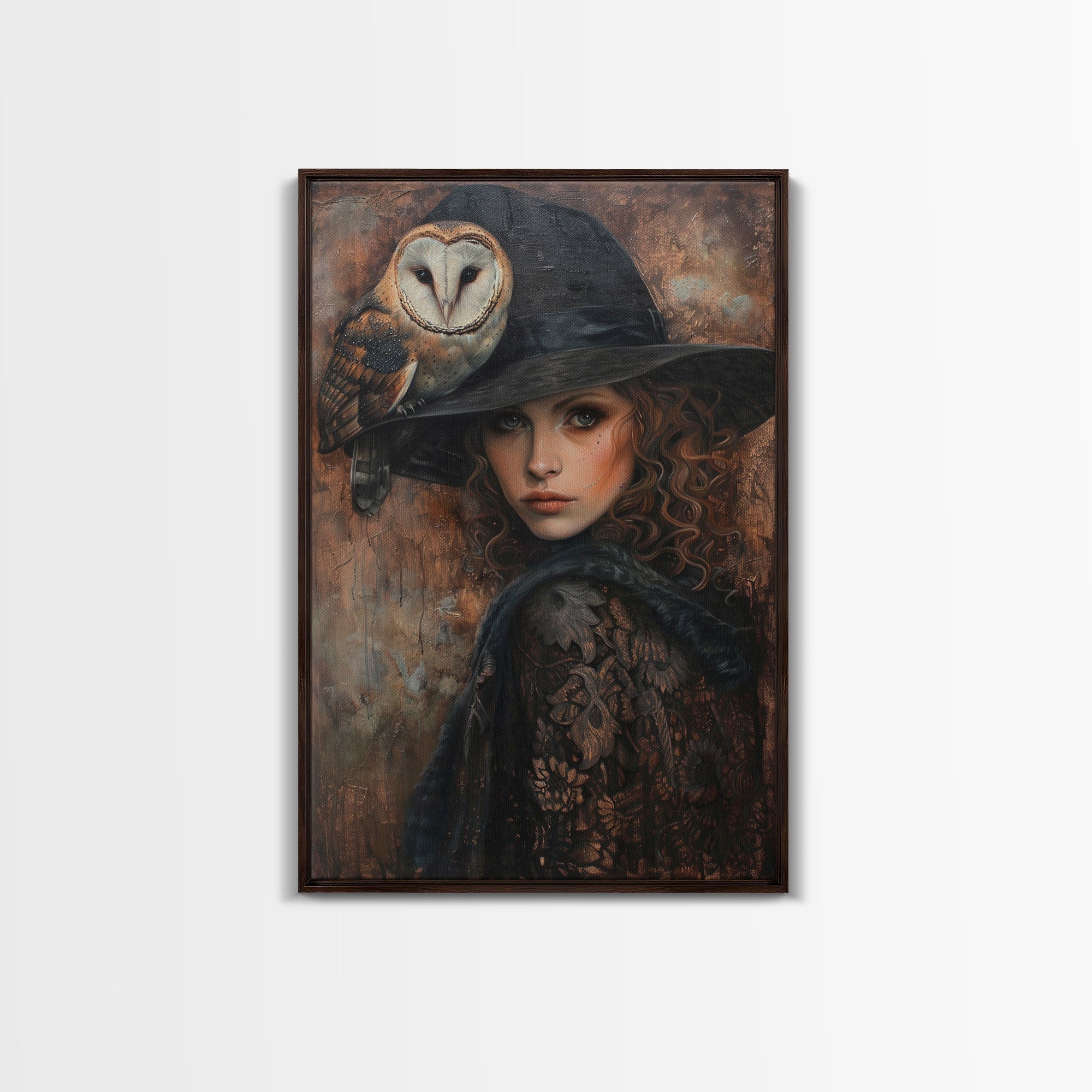 Witch with Crow in Spooky Forest - Halloween Art, Gothic Art, Spooky Decor, Dark Magic Art, Mysterious Portrait, Framed Canvas Print | | Wiccan Center