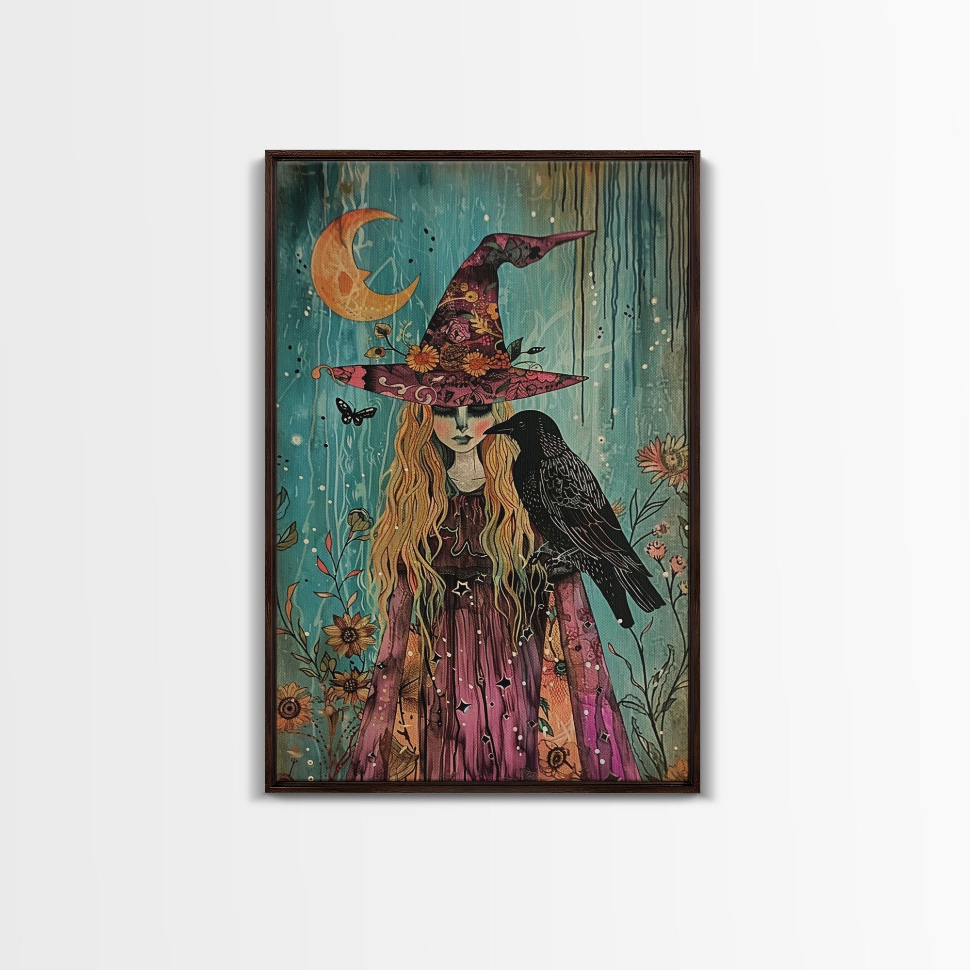 Witch with Owl in Magical Forest - Halloween Art, Gothic Art, Spooky Decor, Dark Magic Art, Enchanted Woods, Framed Canvas Print | | Wiccan Center