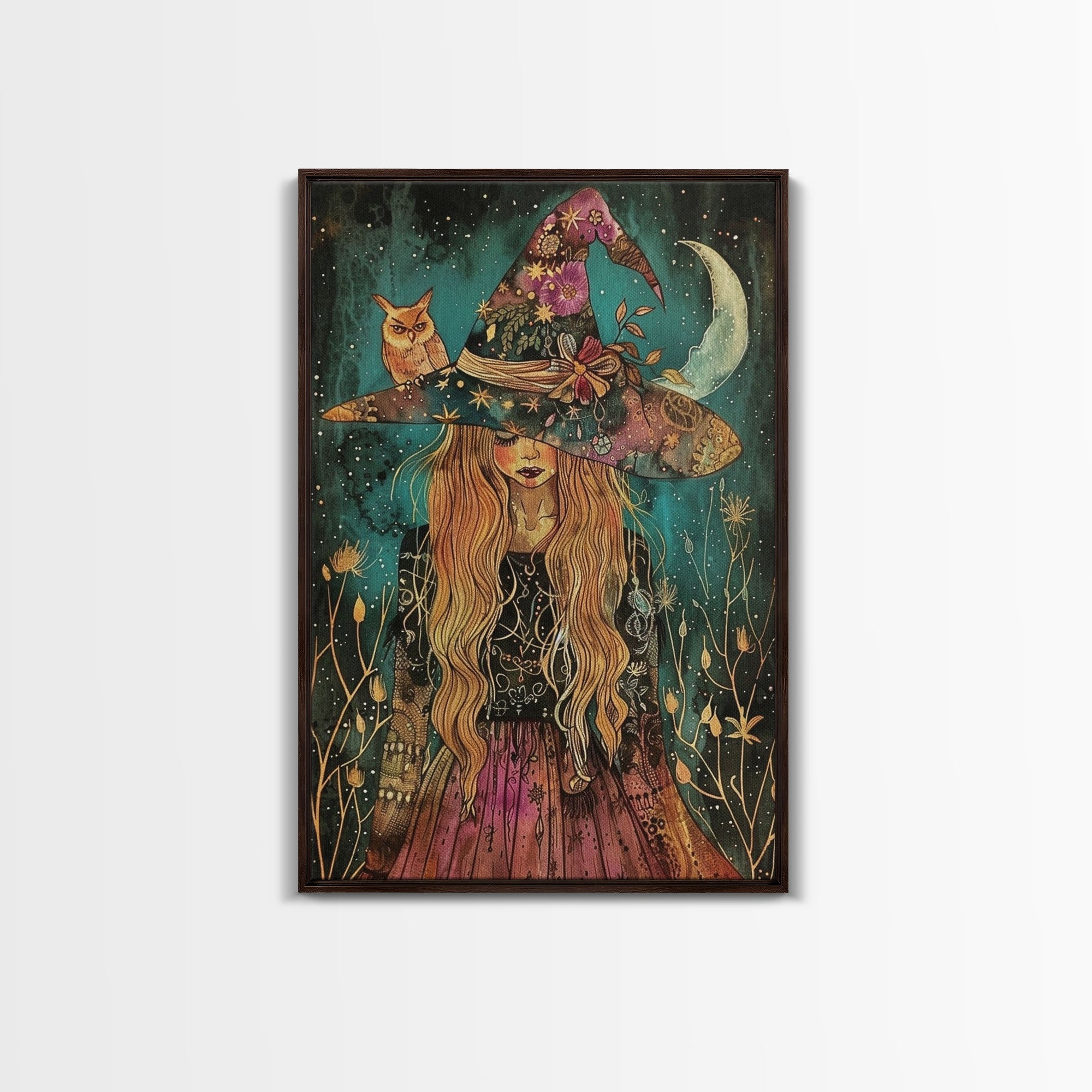 Witch with Black Cat and Moon - Halloween Art, Gothic Art, Spooky Decor, Dark Magic Art, Ominous Portrait, Moonlit Night Framed Canvas Print | | Wiccan Center