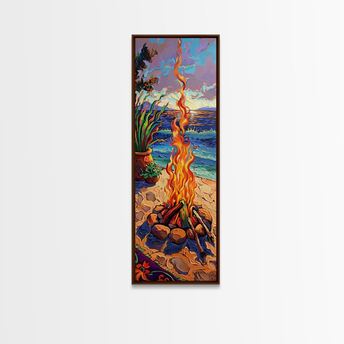 Abstract Canvas Painting of Campfire on Beach, Beachy Wall Art, Tall and Narrow Vertical Wall Art, Canvas Painting Printed and Framed | | Wiccan Center