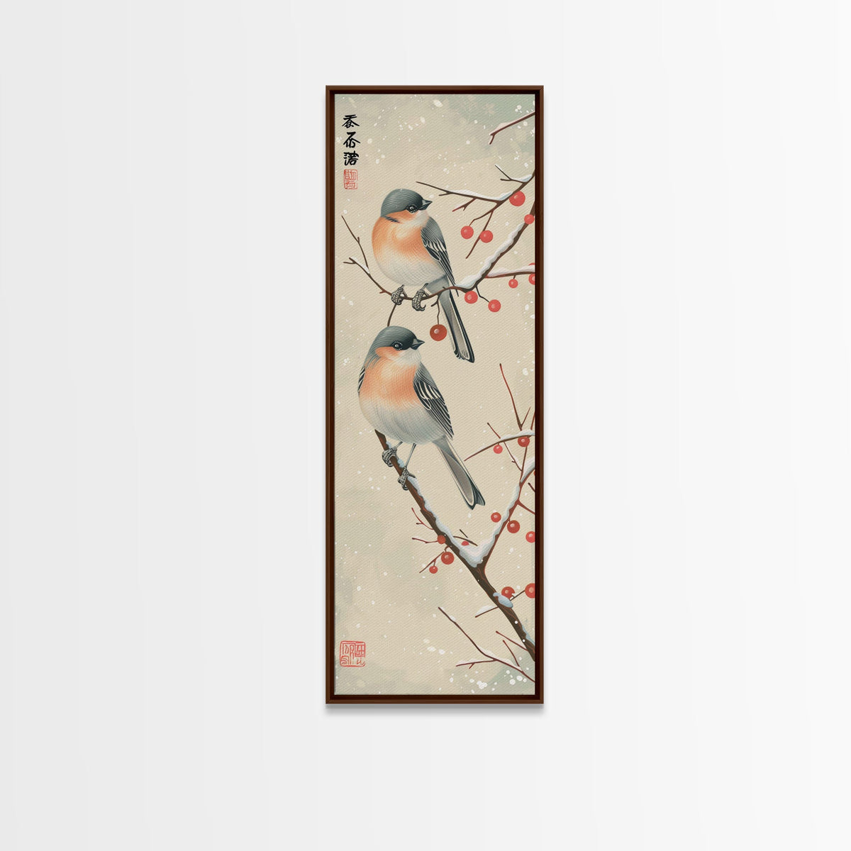 Pair of Birds on Snowy Branches, Japanese Art Framed Canvas Print, Tall and Skinny Wall Art in Ukiyo-e Style