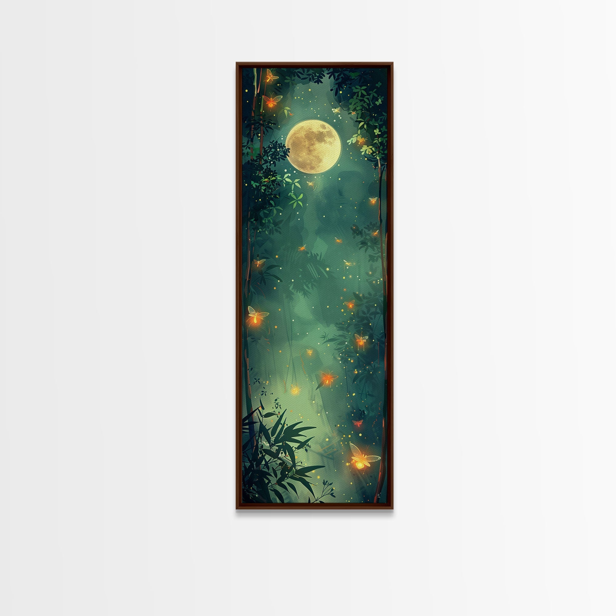 Enchanting Fireflies Illuminating Nighttime Forest Scene Under Full Moon Tall Framed Canvas Print Adding Magical Touch | | Wiccan Center