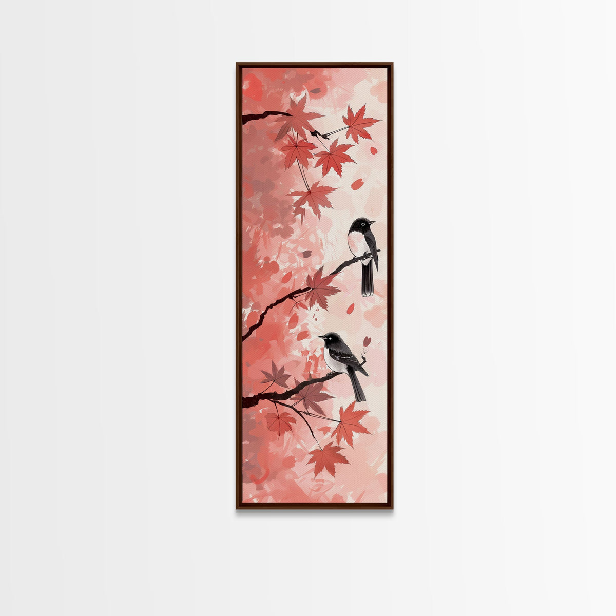 Red and Black Maple Leaves with Birds Perched on Branches Japanese Framed Canvas Print Ukiyo-e Art Skinny Tall Art