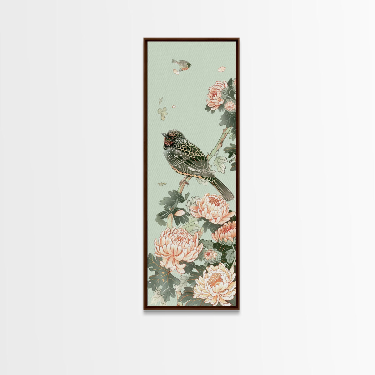 Japanese Style Art, Skinny Art, Tall Art, Birds And Chrysanthemums Wood Block Print Framed Canvas Print Ukiyo-e Art