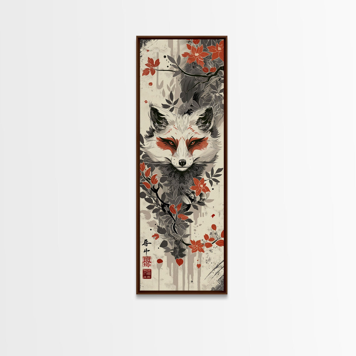Fox Head Amidst Red Flowers On Textured Background Skinny Art Wood Block Print Framed Canvas Print