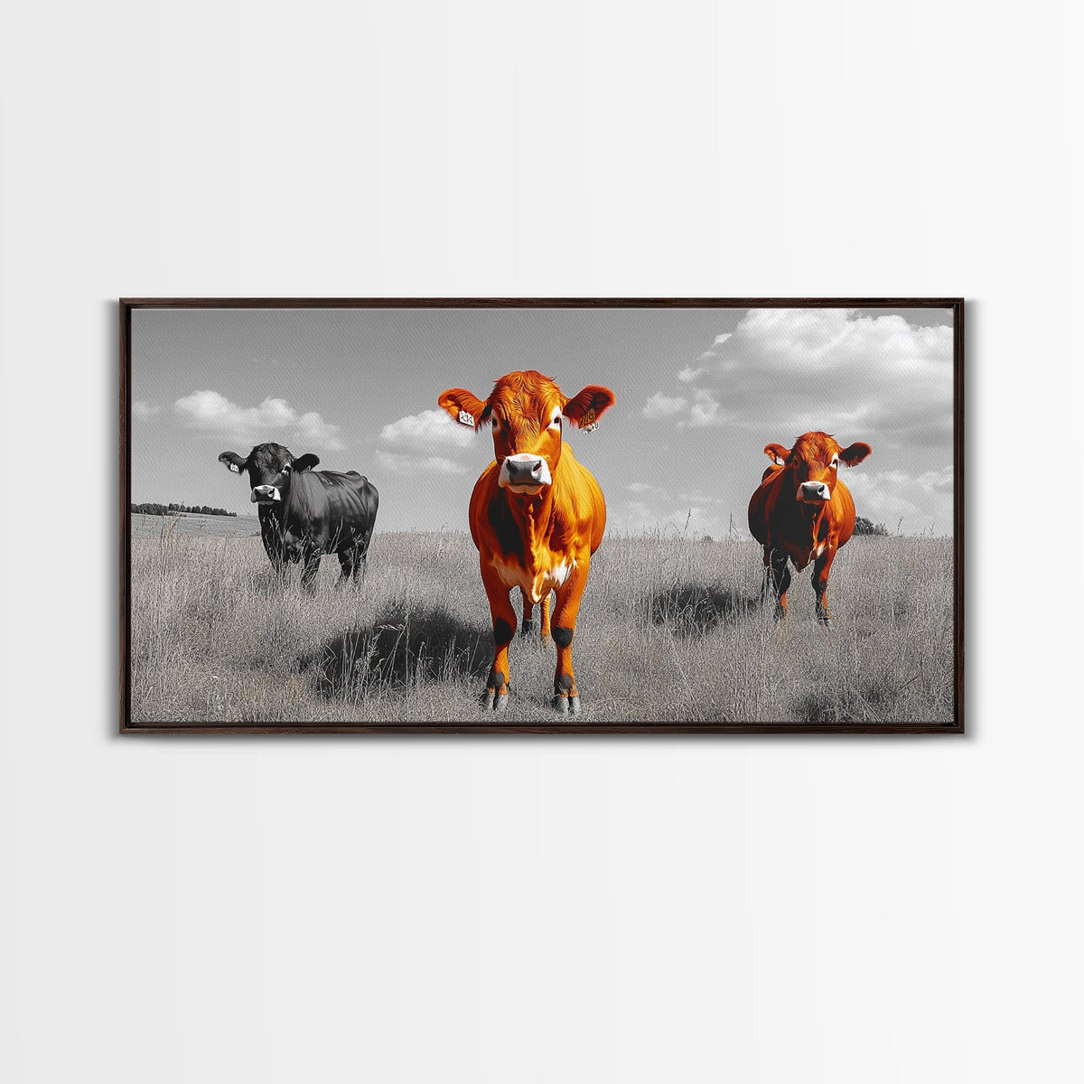 Highland Cows Canvas Print | Rustic Farmhouse Art | Black and White Cattle Painting | Moody Art | Above Sofa Wall Art | Extra Wide Art
