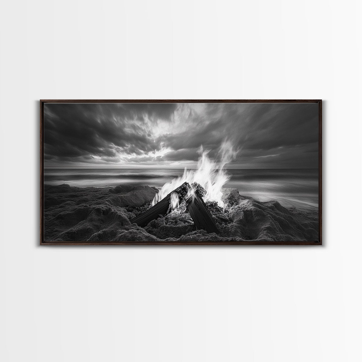 Beach bonfire, moody art, seascape painting, coastal decor, extra wide art, panoramic painting, above bed wall art, framed canvas print | | Wiccan Center