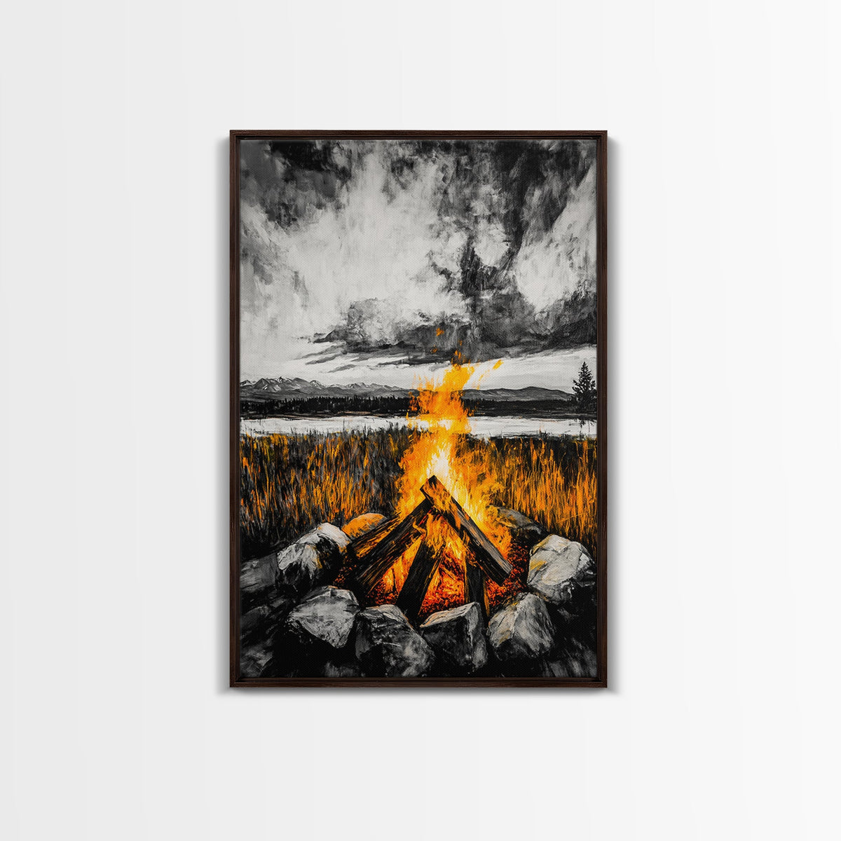 Campfire Painting, Moody Art, Rustic Wall Decor, Fire Pit Artwork, Black White Orange Art, Framed Canvas Print, Cabin Wall Art | | Wiccan Center