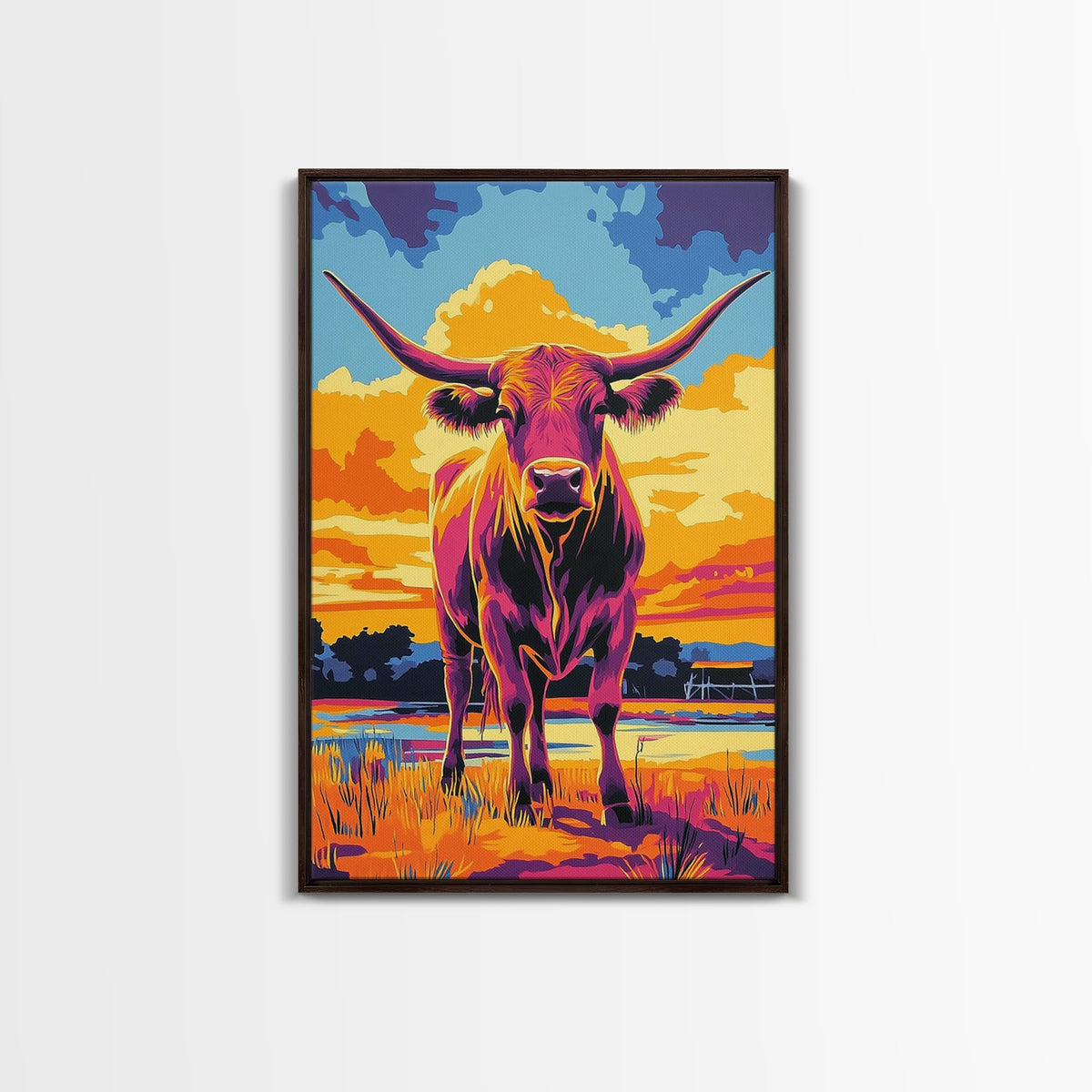 Sunset Longhorn, cowboy art, bull and bear art, southwest wall art, rustic art, pink orange wall art, vintage horse art, Canvas Print