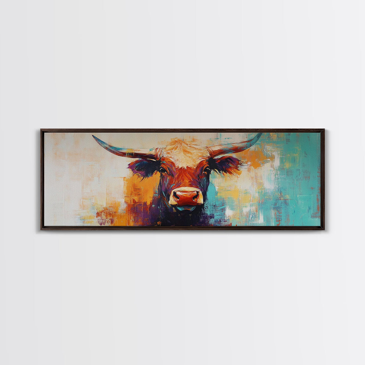 Western Bull, rustic art, vintage cow painting, farm animal wall art, cowboy decor, moody wall art, extra wide canvas print