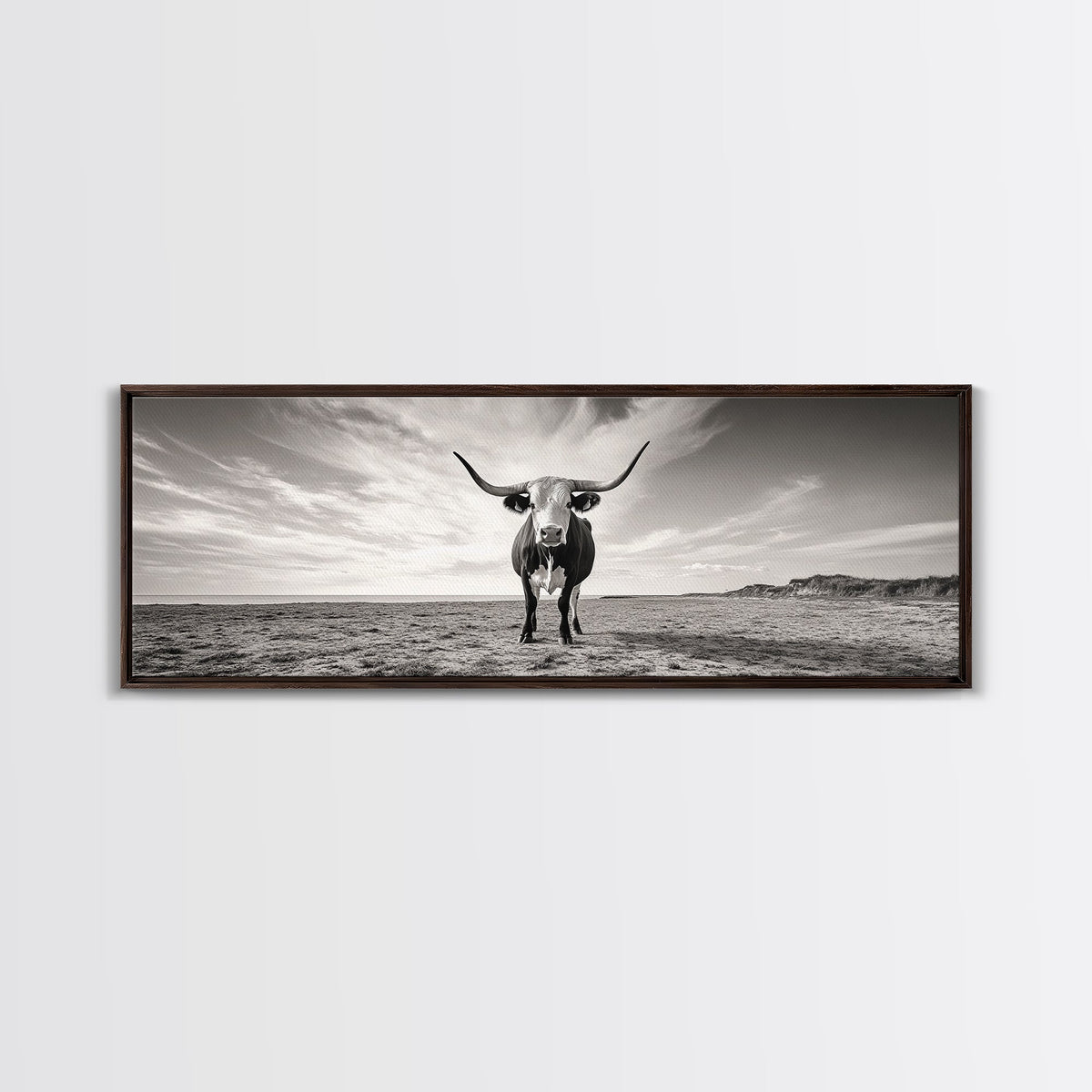 Longhorn, western landscape, bull and bear art, panoramic art, extra wide art, rustic wall art, framed canvas print, farmhouse decor, moody art