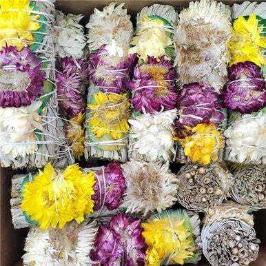 Green Rose Petals with 3 Flowers on a White Sage Smudge Stick (4 in.) | Smudge Sticks | Wiccan Center