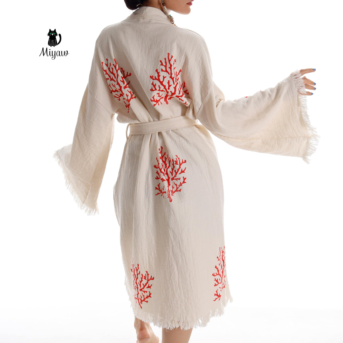 Organic Cotton Red Sea Coral Beach Kimono: Eco-Friendly Handmade Robe