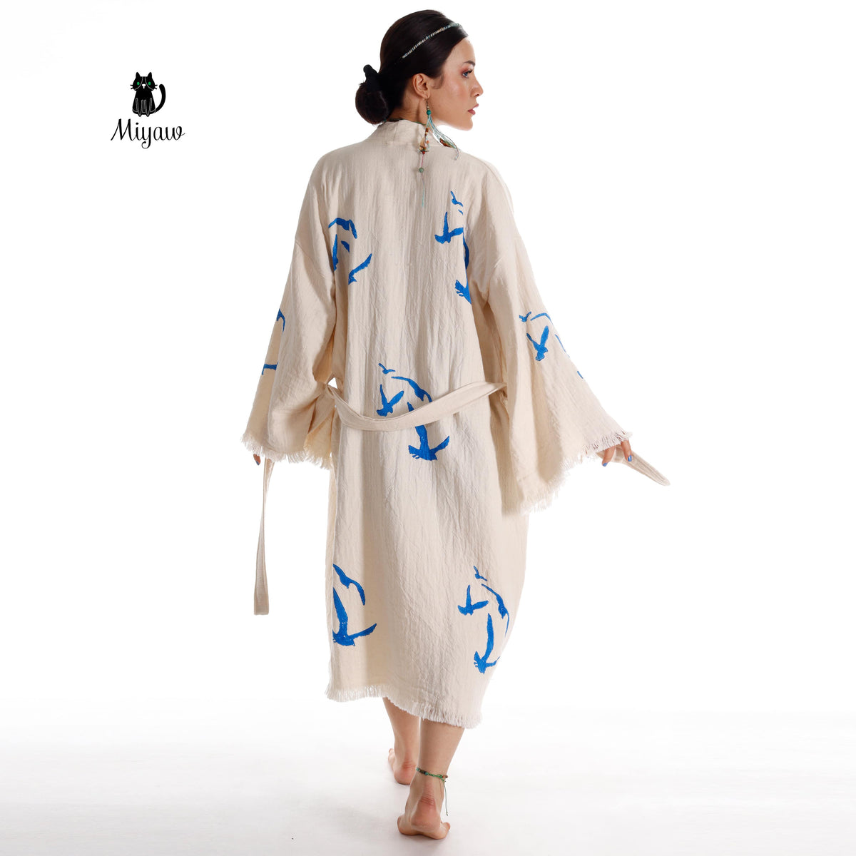 Handcrafted Seagull Print Kimono Robe in Organic Cotton - Bohemian Beach Cover Up