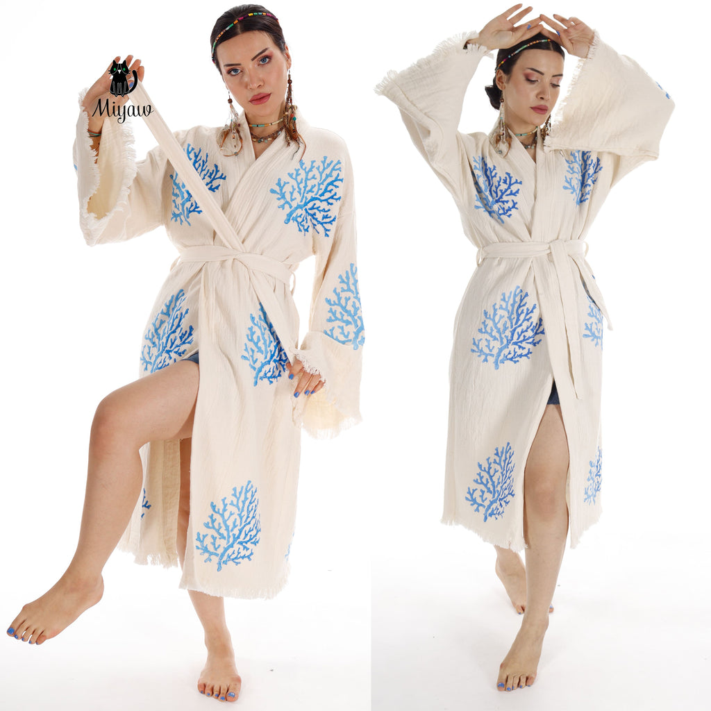 Handcrafted Organic Cotton Kimono in Blue Sea Coral | | Wiccan Center