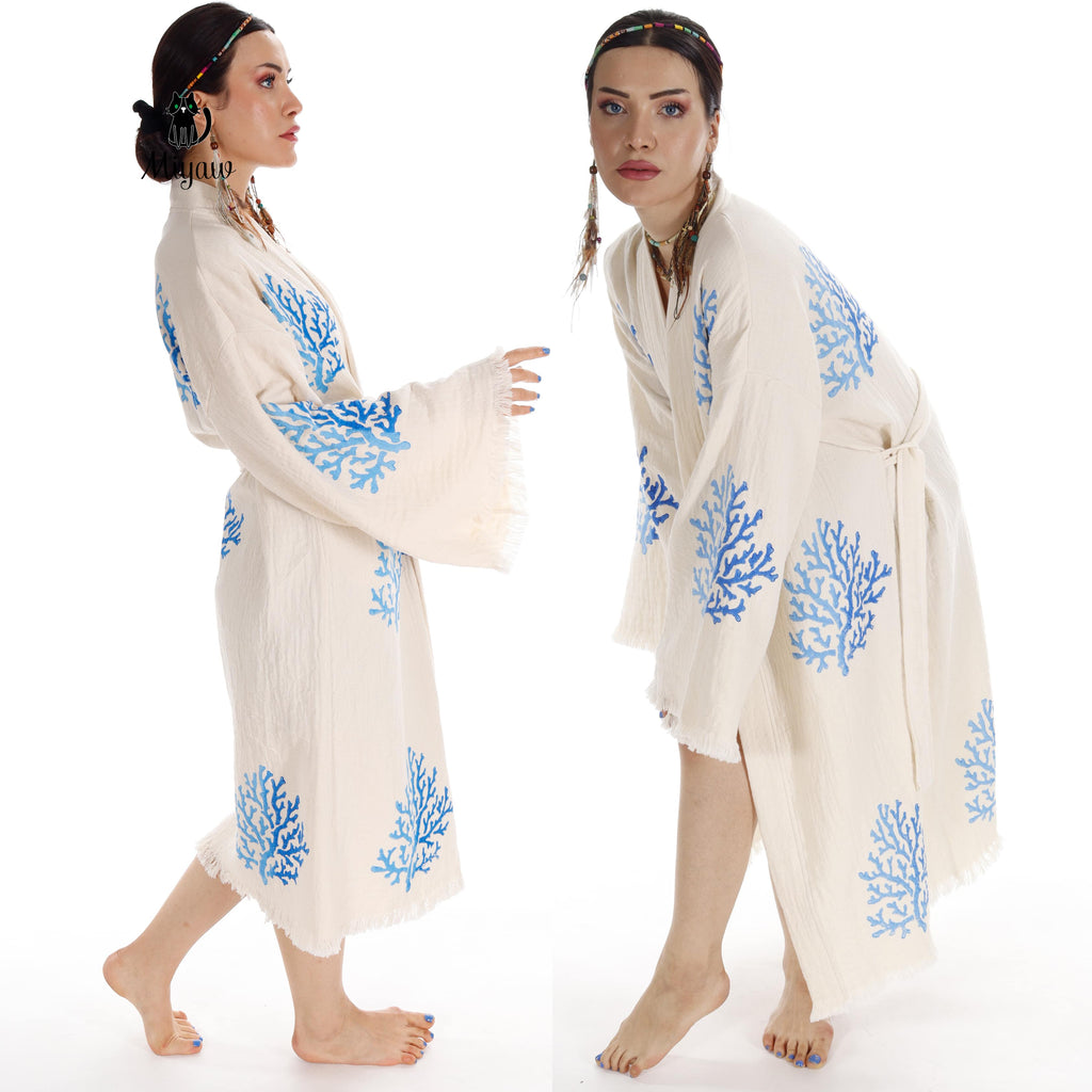 Handcrafted Organic Cotton Kimono in Blue Sea Coral | | Wiccan Center