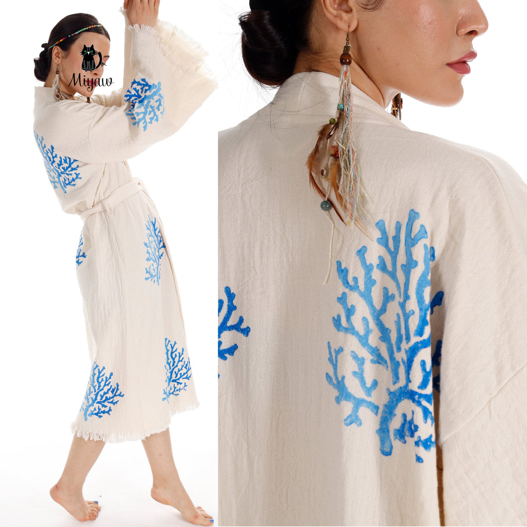 Handcrafted Organic Cotton Kimono in Blue Sea Coral | | Wiccan Center