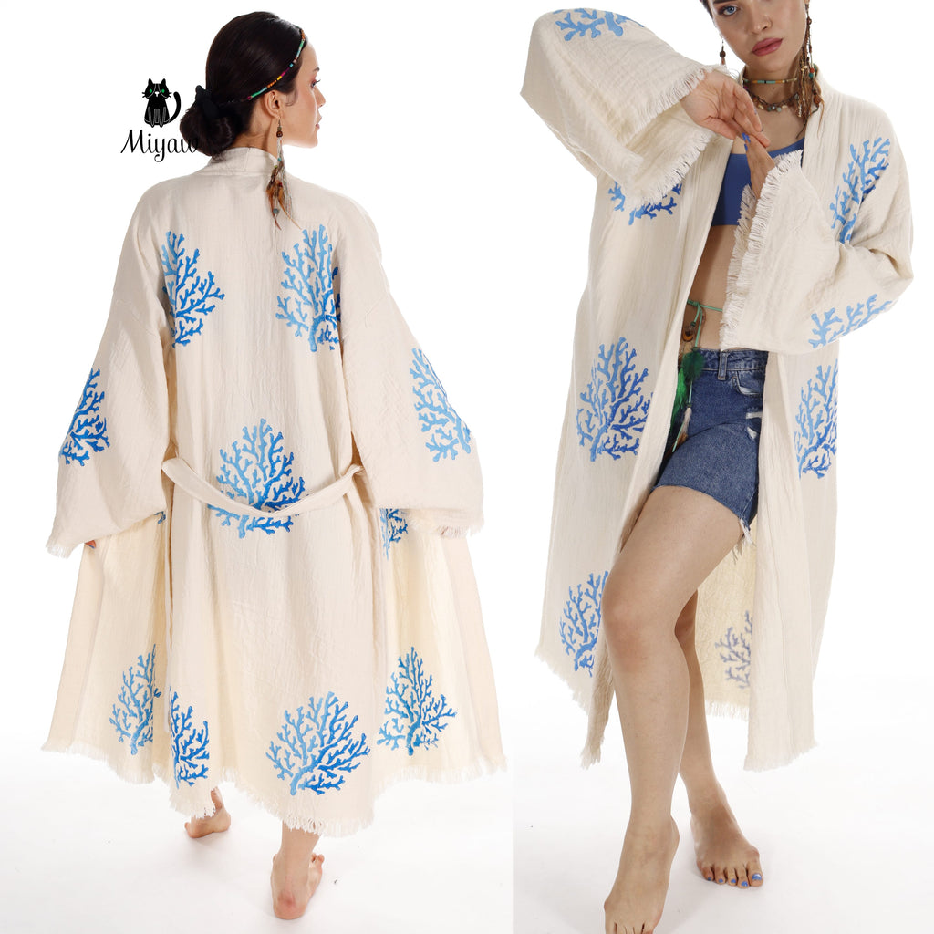 Handcrafted Organic Cotton Kimono in Blue Sea Coral | | Wiccan Center