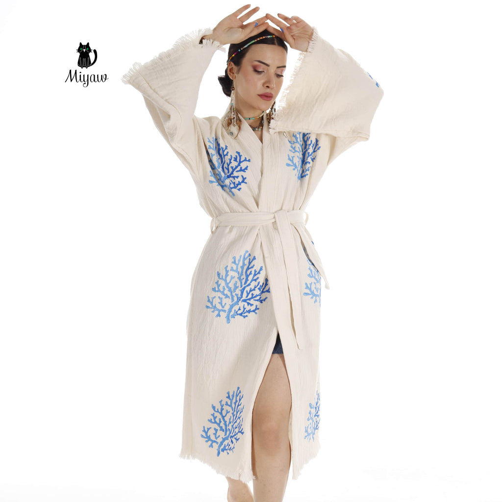 Handcrafted Organic Cotton Kimono in Blue Sea Coral | | Wiccan Center
